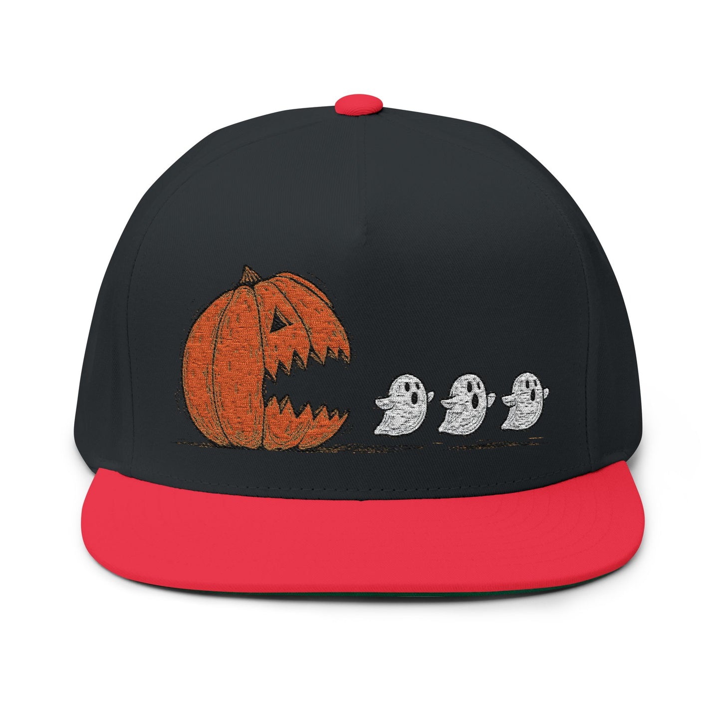 Halloween Pumpkin Ghost Flat Bill Cap, Spooky Hat, Embroidered Cap for Trick-or-Treat, Fun Costume Accessory, Fall Fashion, Gifting Ideas