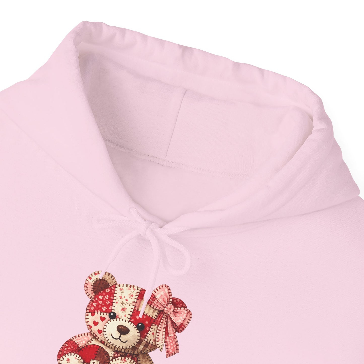 Teddy Bear Hoodie — Vintage Patchwork Bear Design with Bow