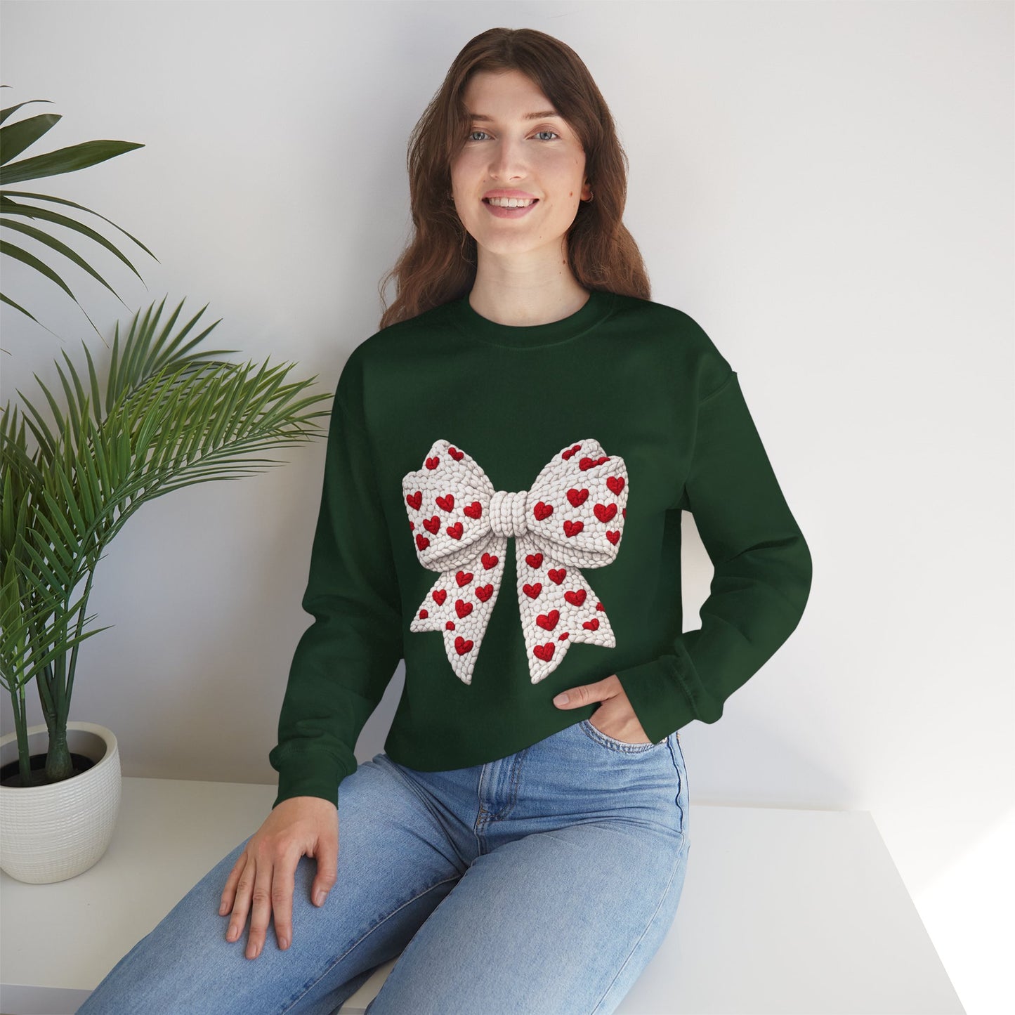 Crewneck Sweatshirt — Knit Heart Bow Graphic (Valentine’s Day, Cute Cozy Pullover)