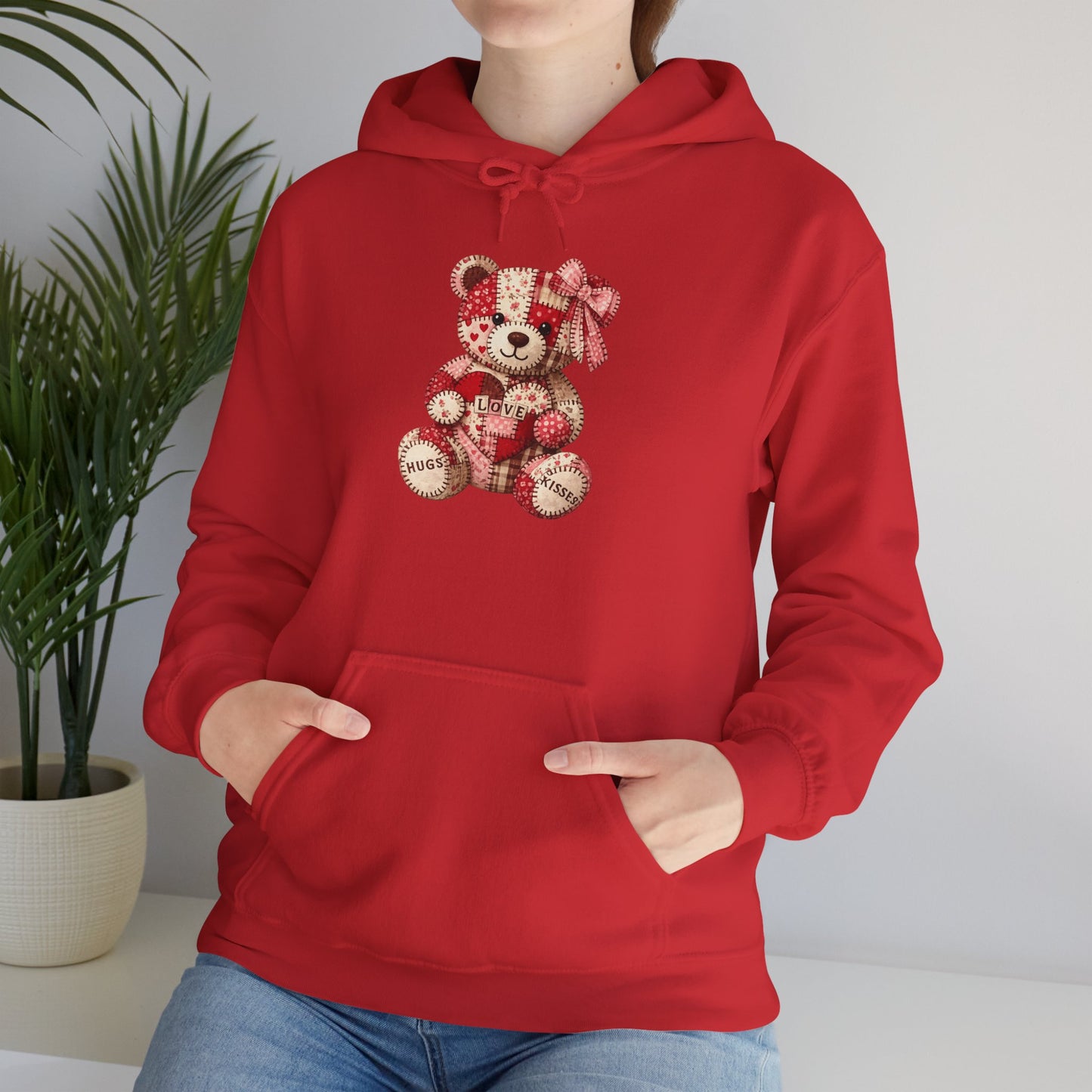 Teddy Bear Hoodie — Vintage Patchwork Bear Design with Bow