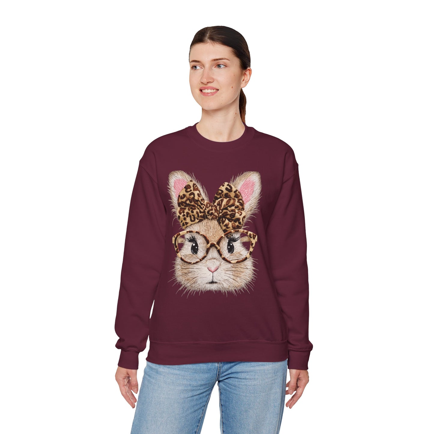 Bunny with Leopard Bow Sweatshirt – Cute Bunny Face with Glasses Graphic Crewneck