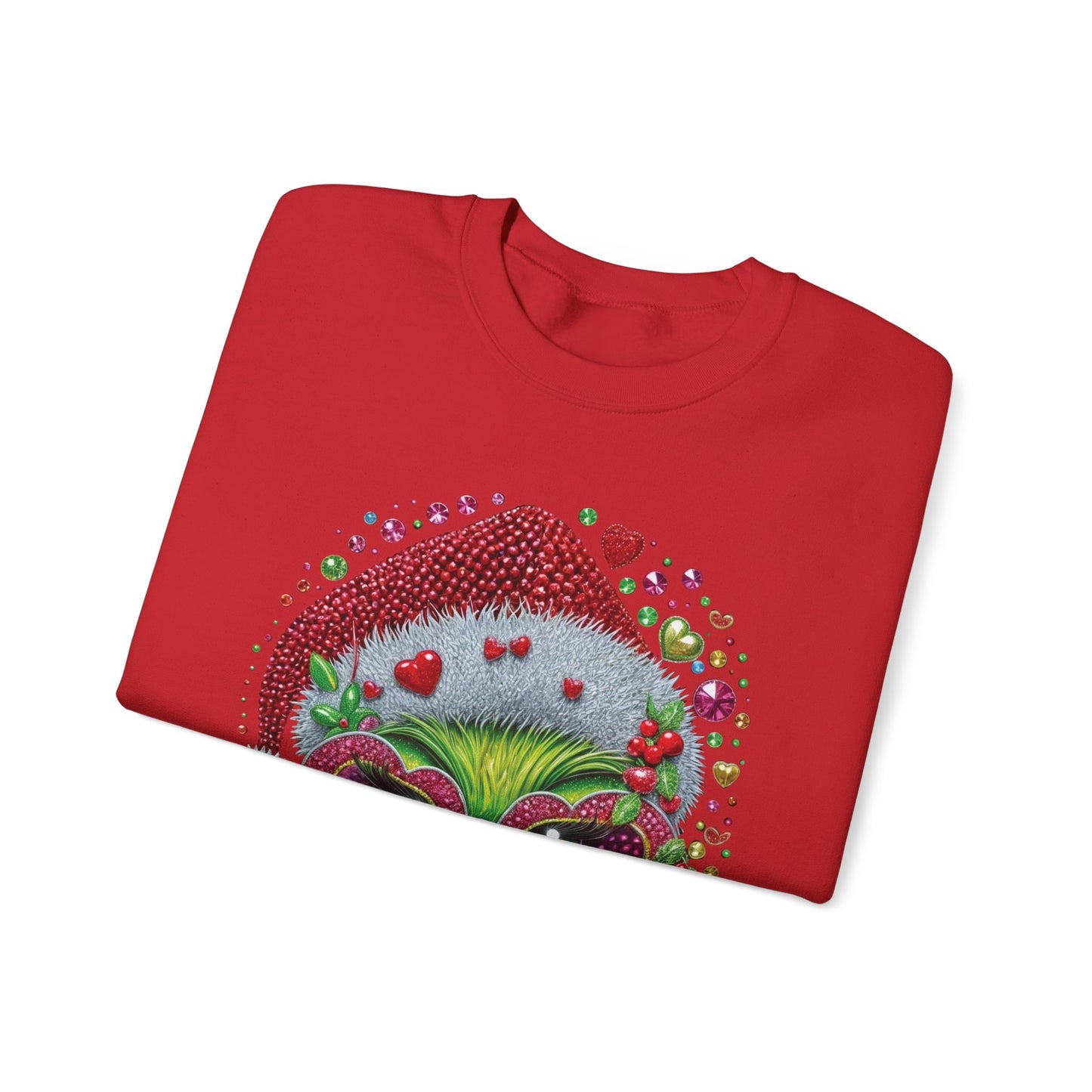 Christmas Grinch Cat Sweatshirt — Festive Santa Hat & Heart Sunglasses Holiday Crewneck