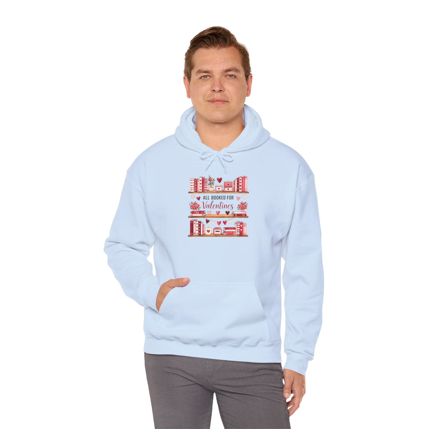 Valentine’s Day Cozy Hoodie – “All Booked for Valentine’s” Cute Bookshop Graphic