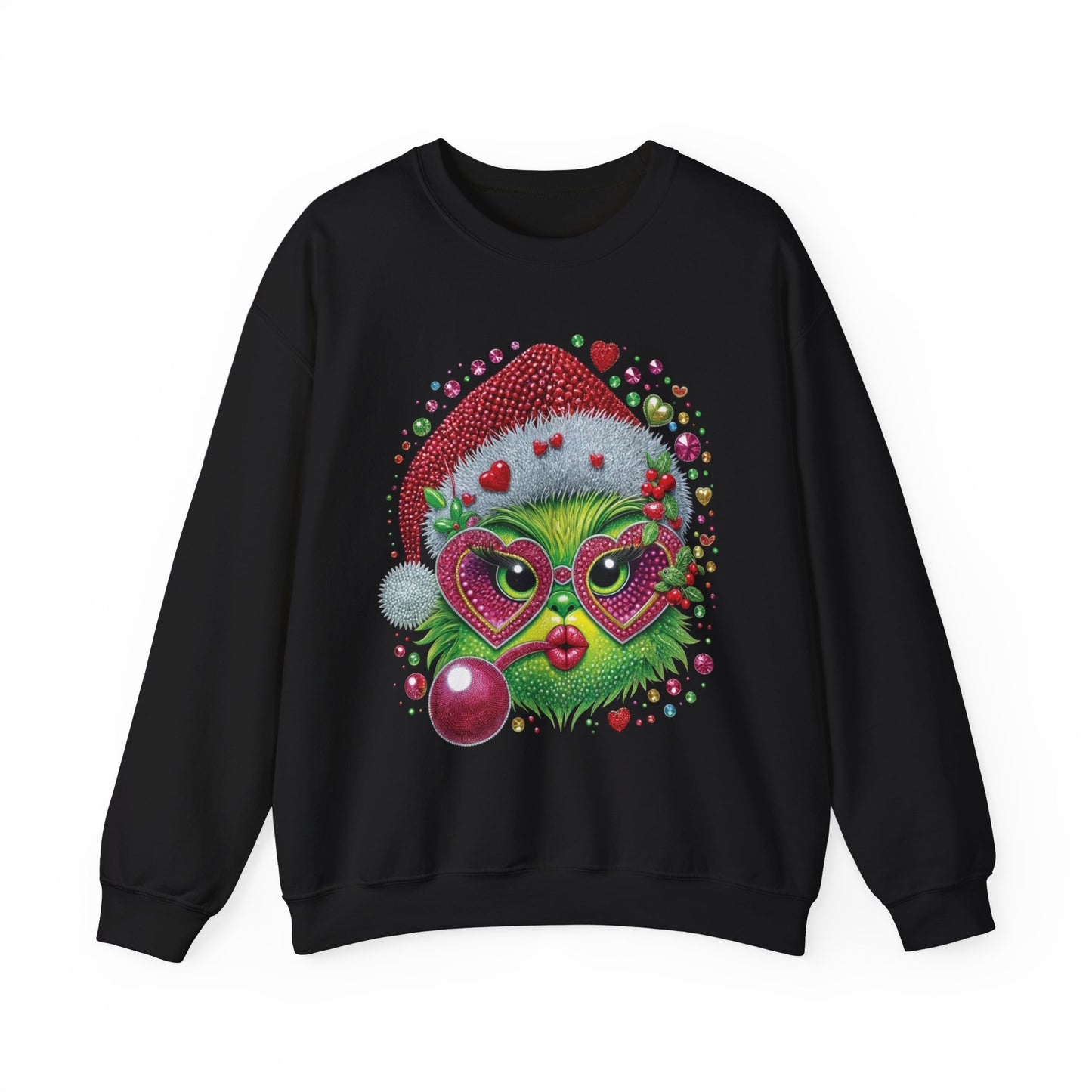Christmas Grinch Cat Sweatshirt — Festive Santa Hat & Heart Sunglasses Holiday Crewneck