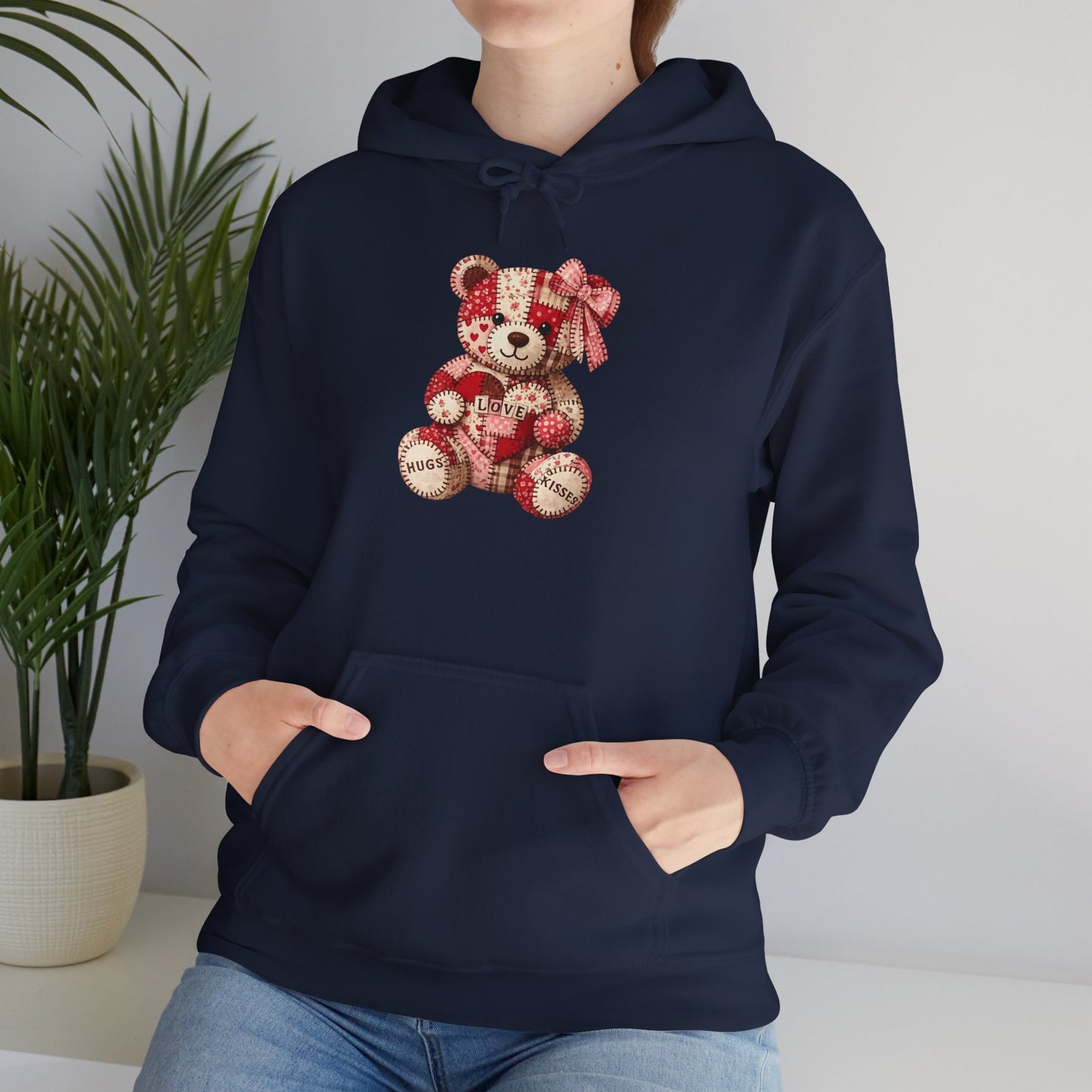 Teddy Bear Hoodie — Vintage Patchwork Bear Design with Bow