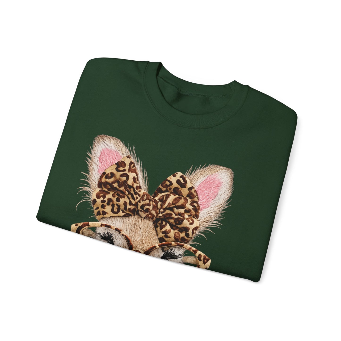 Bunny with Leopard Bow Sweatshirt – Cute Bunny Face with Glasses Graphic Crewneck