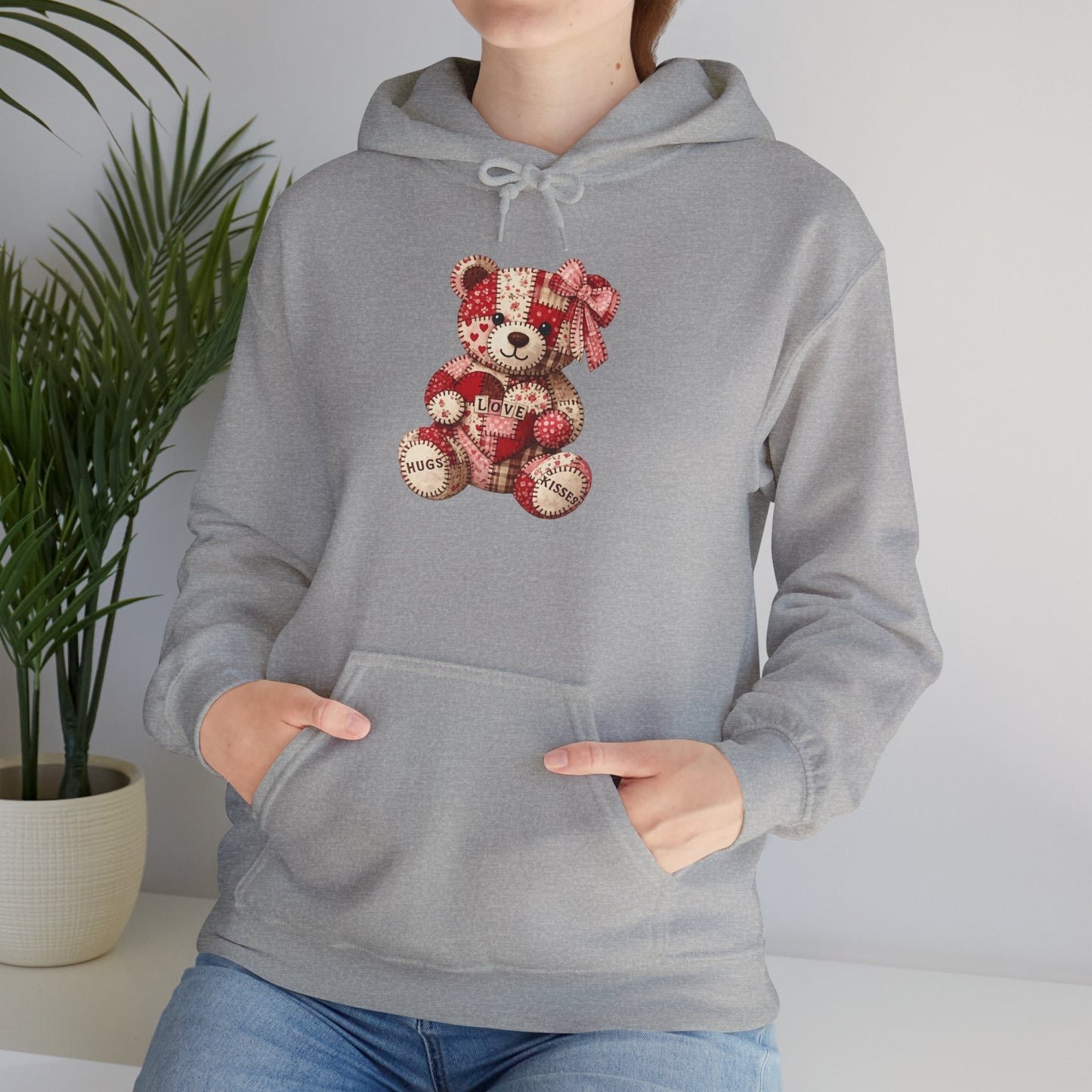 Teddy Bear Hoodie — Vintage Patchwork Bear Design with Bow