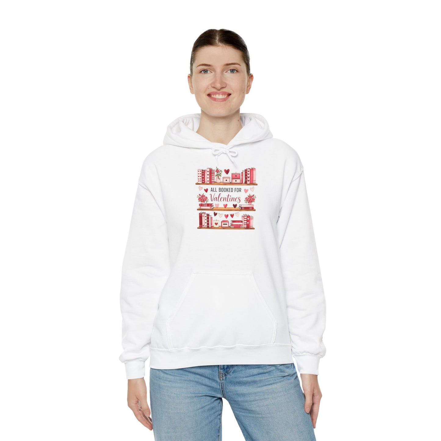 Valentine’s Day Cozy Hoodie – “All Booked for Valentine’s” Cute Bookshop Graphic