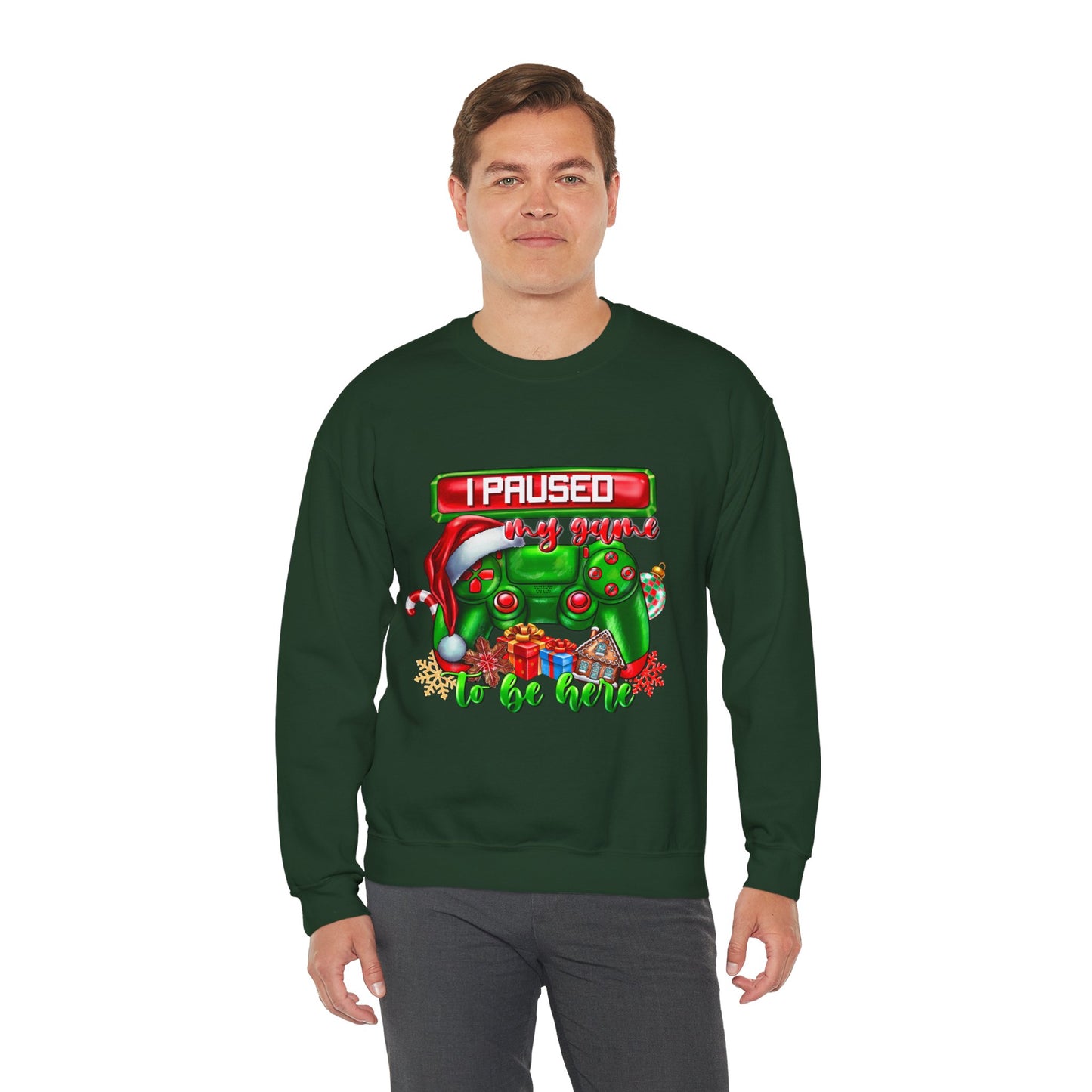 Gaming Christmas Sweatshirt — "I Paused My Game to Be Here" Controller Holiday Crewneck