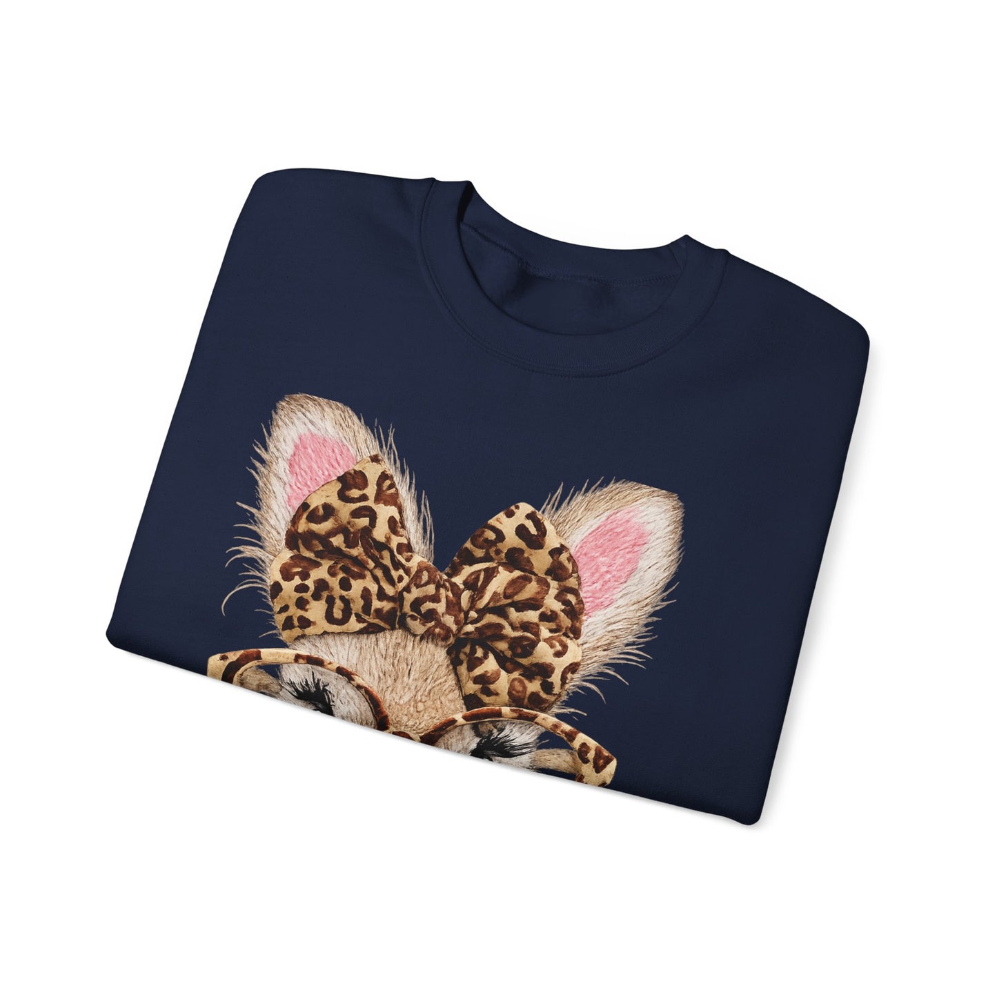 Bunny with Leopard Bow Sweatshirt – Cute Bunny Face with Glasses Graphic Crewneck