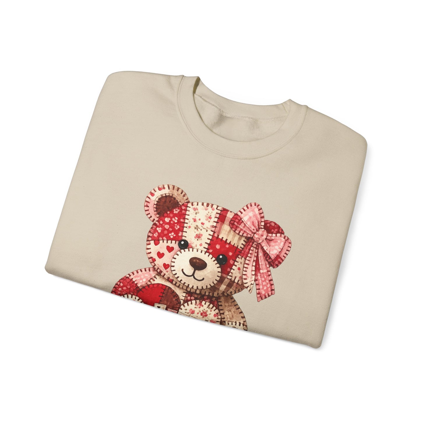 Valentine Patchwork Teddy Sweatshirt — 'Love' Hugs & Kisses Crewneck