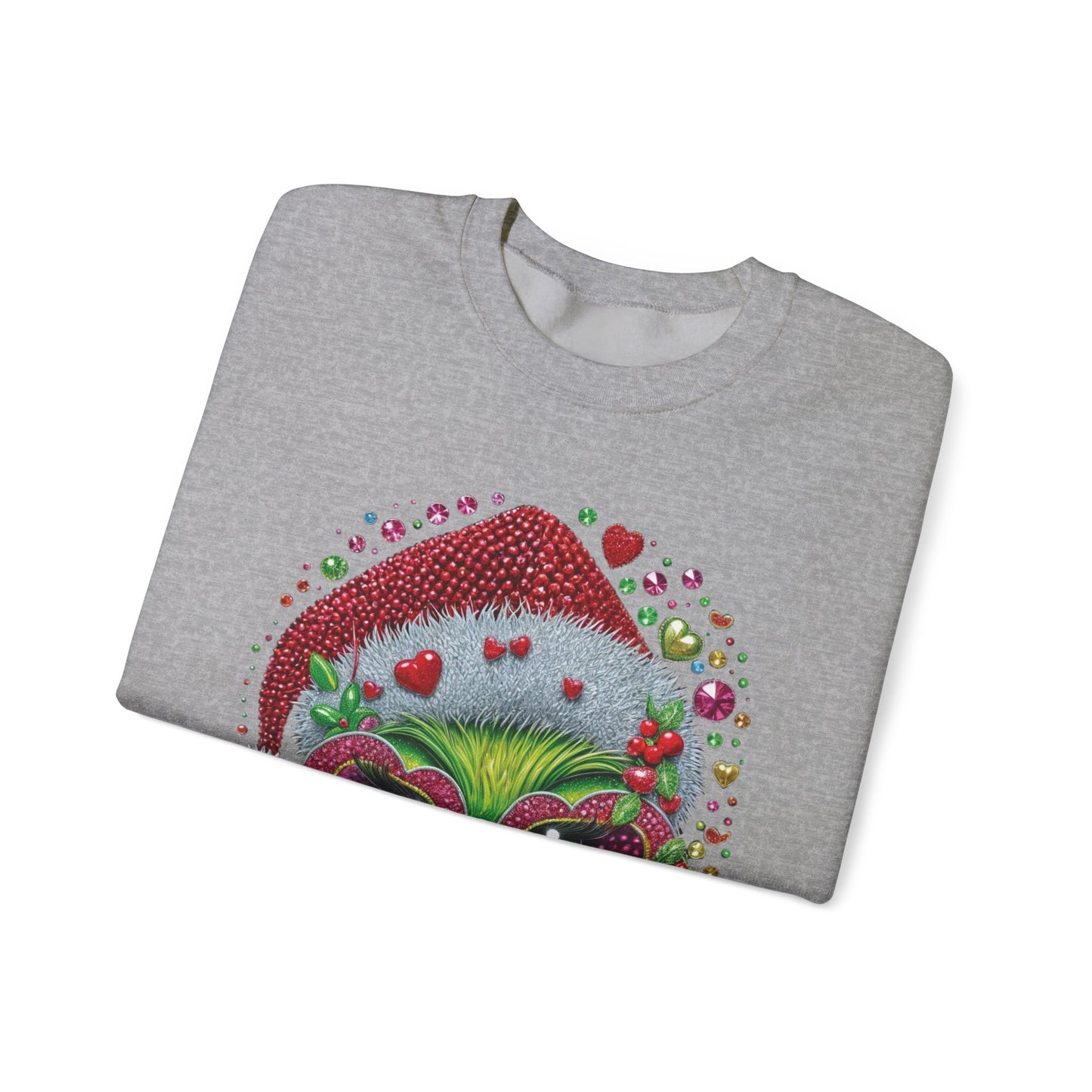 Christmas Grinch Cat Sweatshirt — Festive Santa Hat & Heart Sunglasses Holiday Crewneck