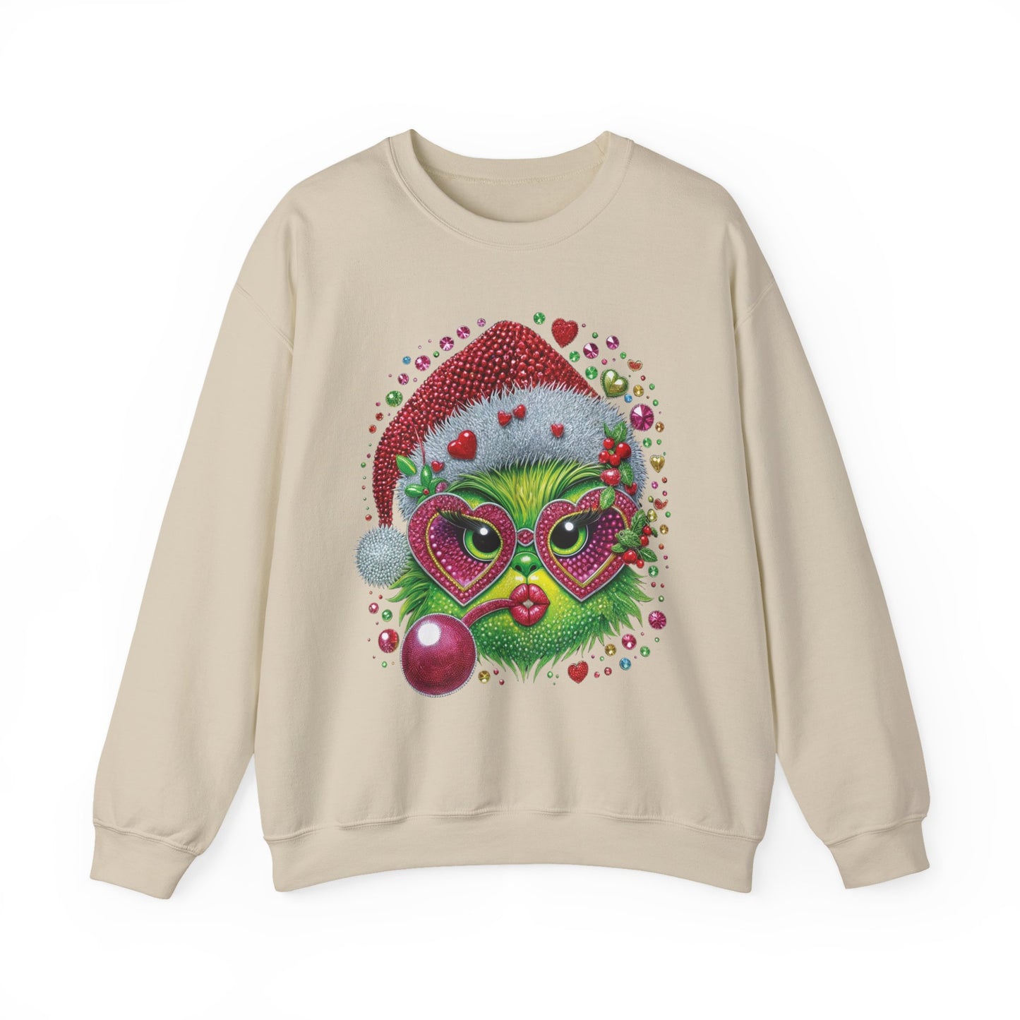 Christmas Grinch Cat Sweatshirt — Festive Santa Hat & Heart Sunglasses Holiday Crewneck