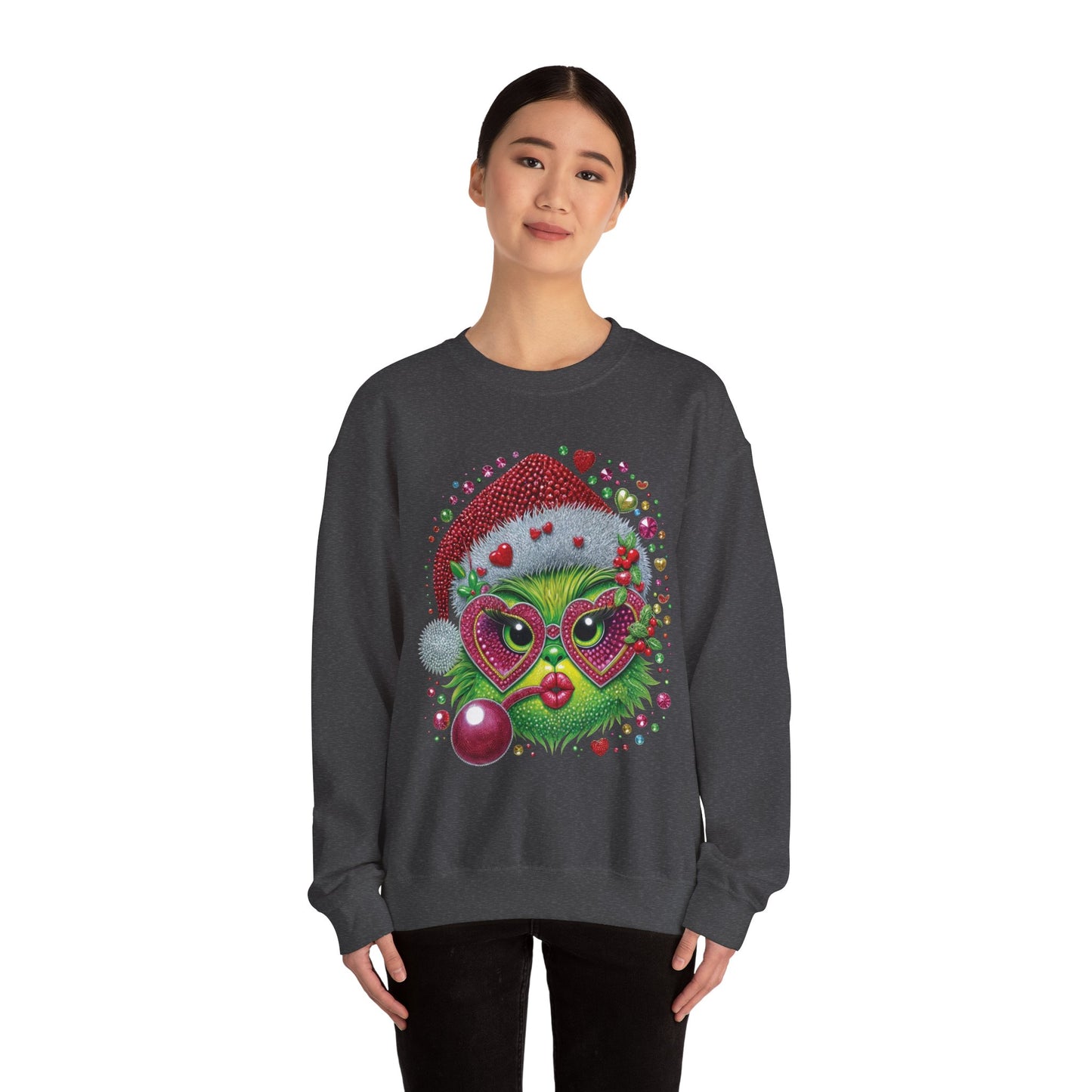Christmas Grinch Cat Sweatshirt — Festive Santa Hat & Heart Sunglasses Holiday Crewneck