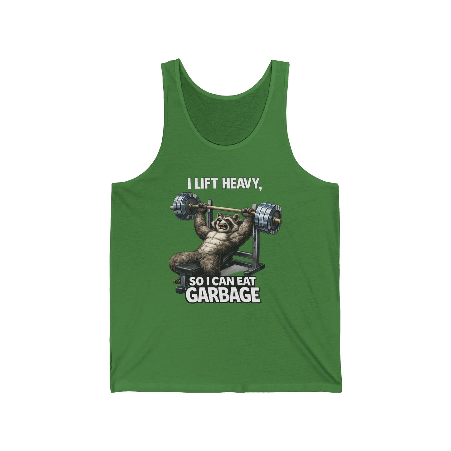 Tank Top — "I Lift Heavy So I Can Eat Garbage" Funny Raccoon Weightlifting Gym Tank