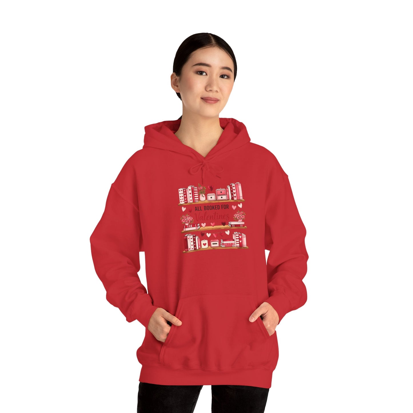 Valentine’s Day Cozy Hoodie – “All Booked for Valentine’s” Cute Bookshop Graphic