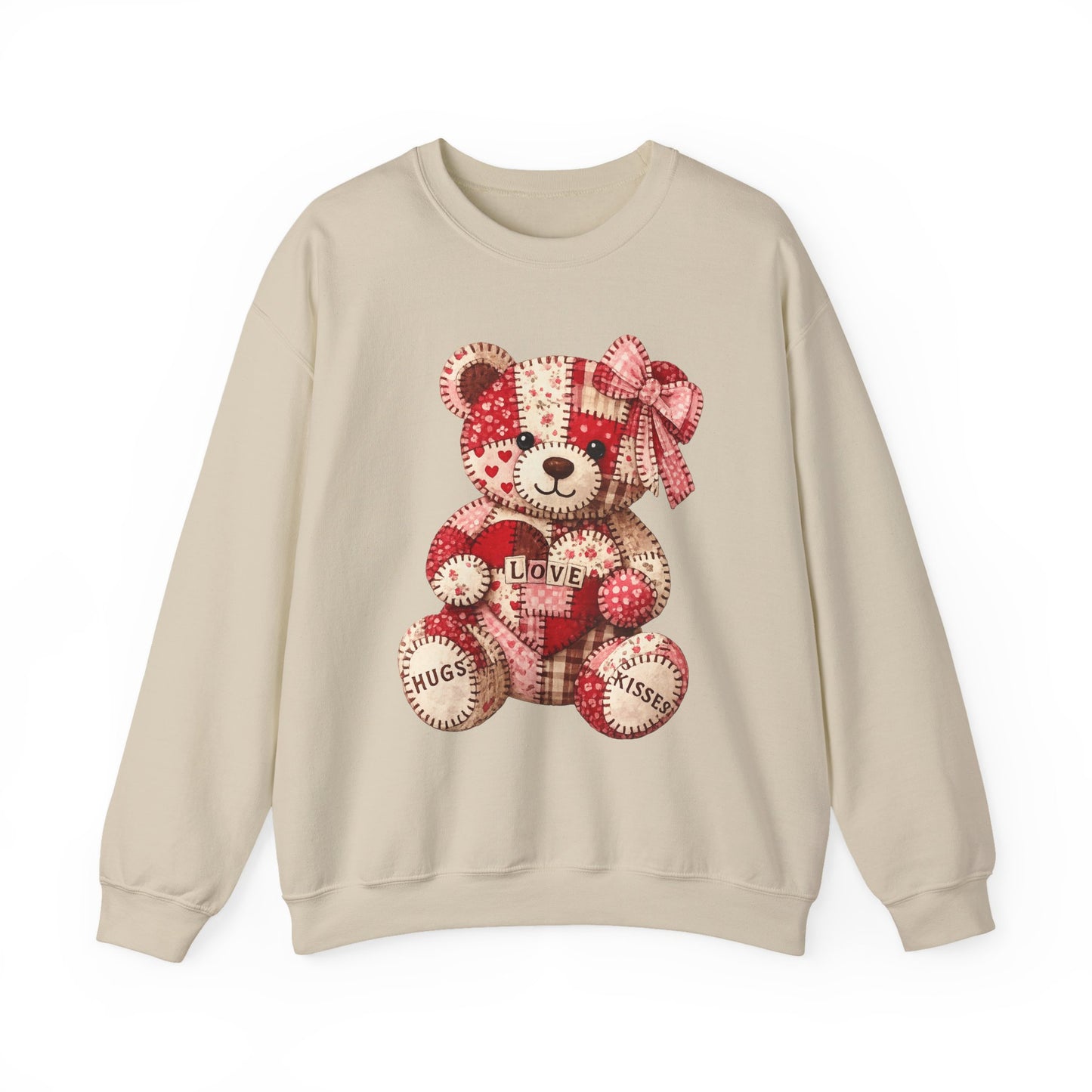 Valentine Patchwork Teddy Sweatshirt — 'Love' Hugs & Kisses Crewneck
