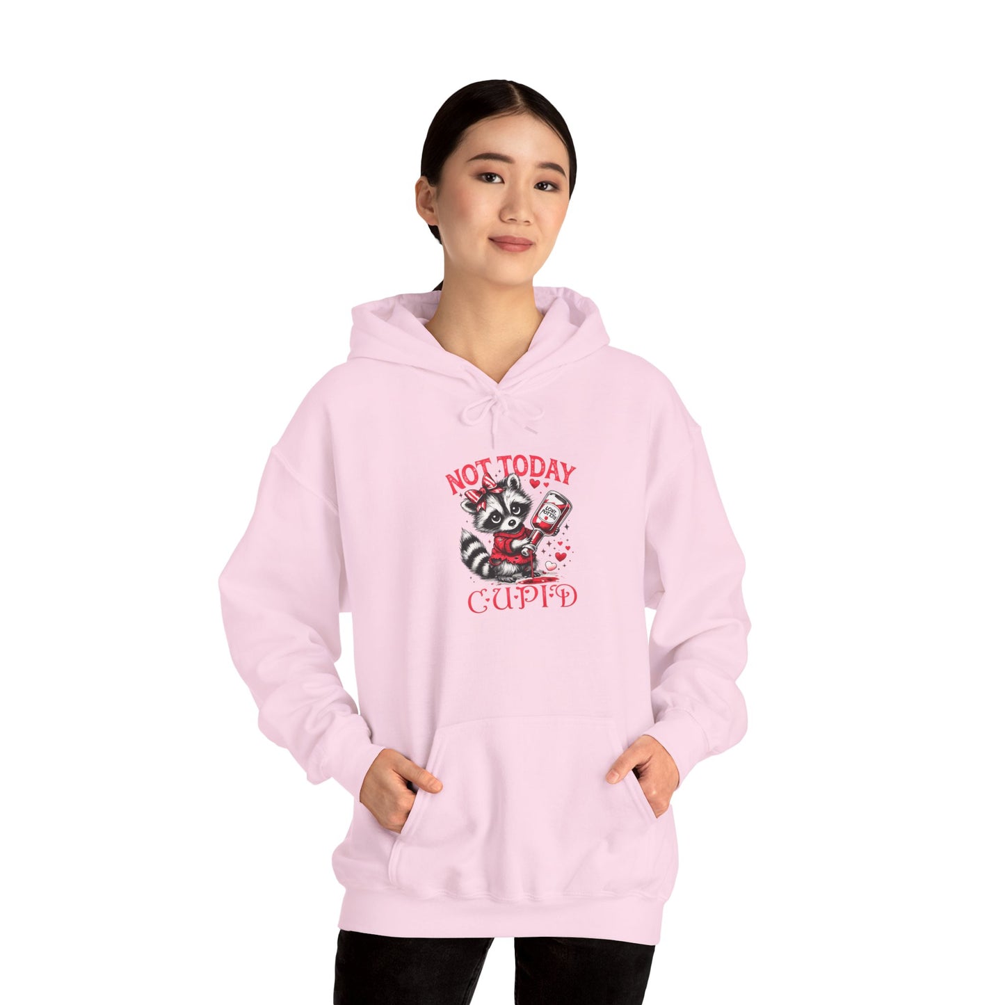 Not Today Cupido Raccoon Hoodie — Funny Valentine Anti-Love Sweatshirt
