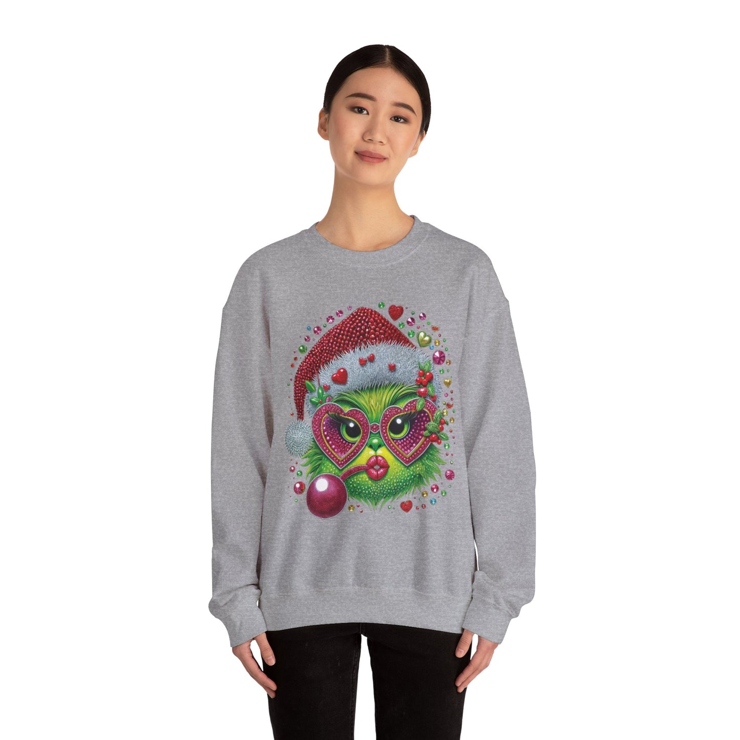 Christmas Grinch Cat Sweatshirt — Festive Santa Hat & Heart Sunglasses Holiday Crewneck