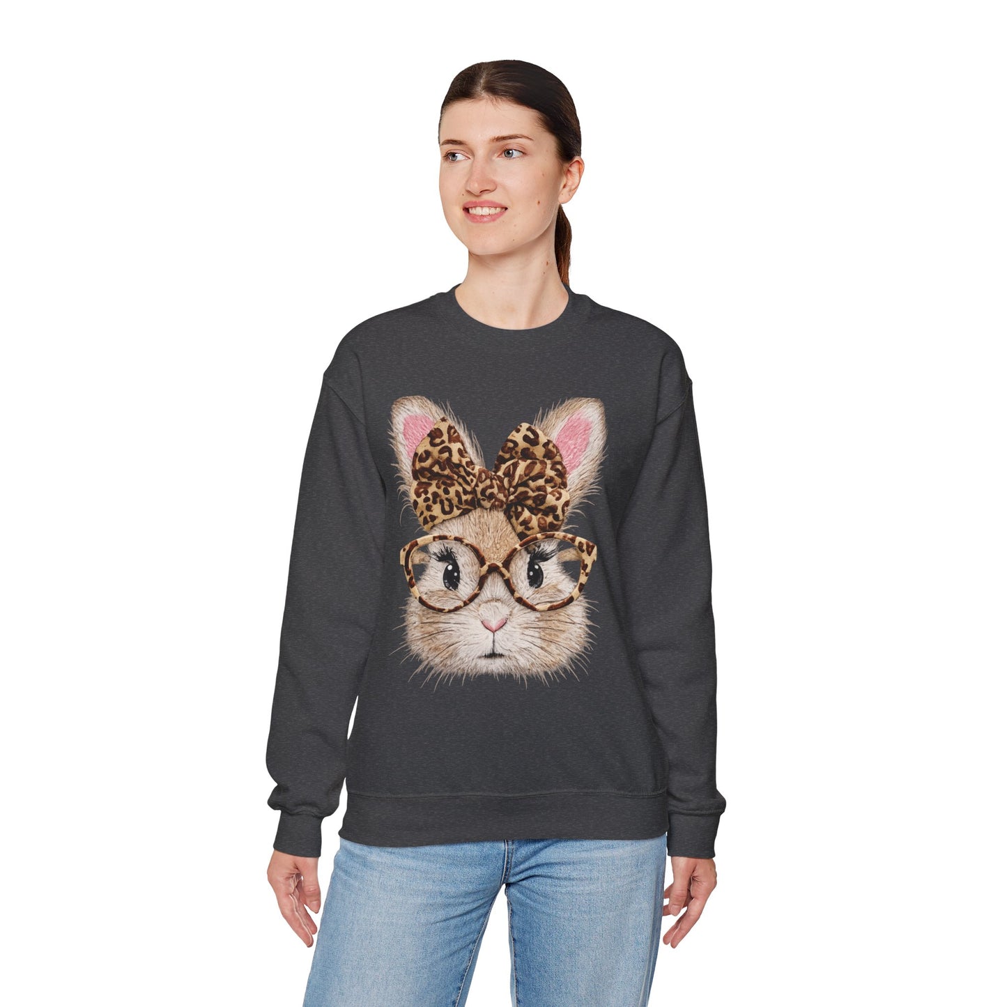 Bunny with Leopard Bow Sweatshirt – Cute Bunny Face with Glasses Graphic Crewneck