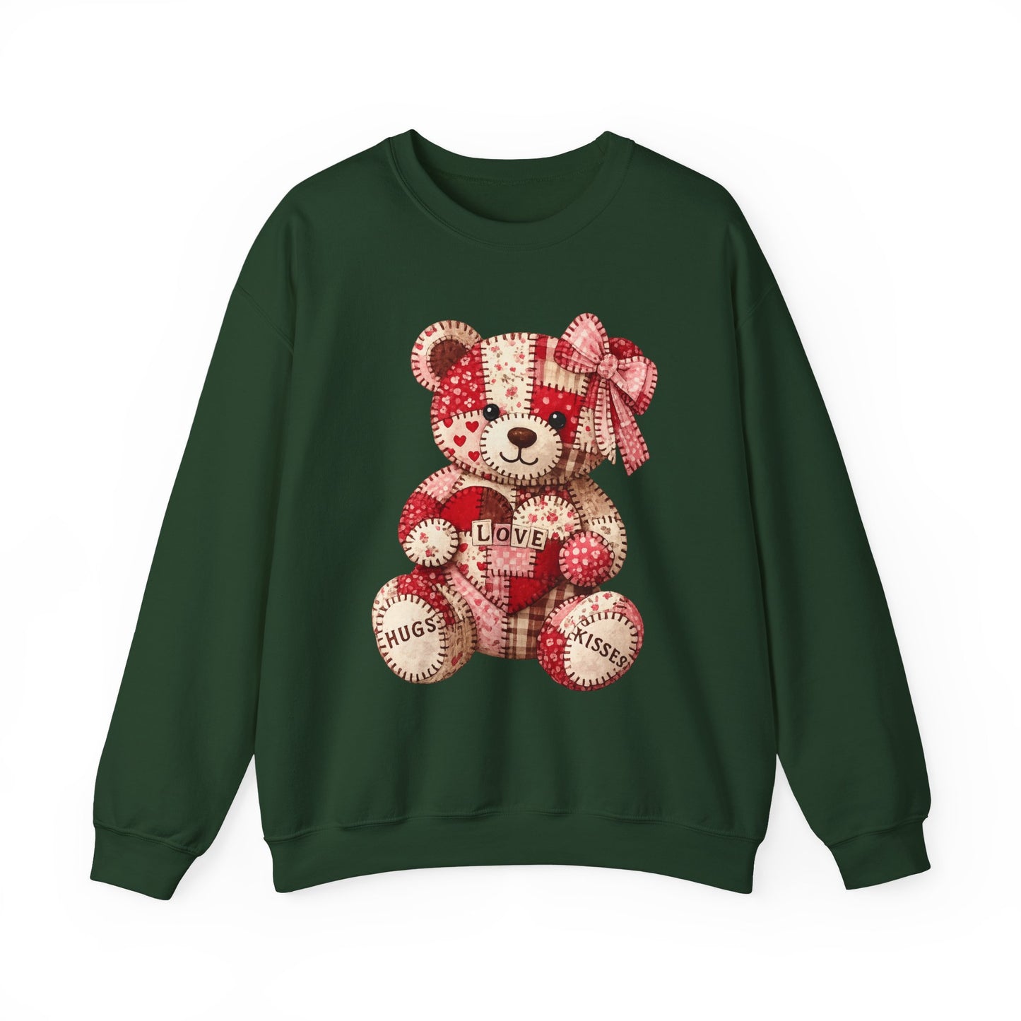 Valentine Patchwork Teddy Sweatshirt — 'Love' Hugs & Kisses Crewneck