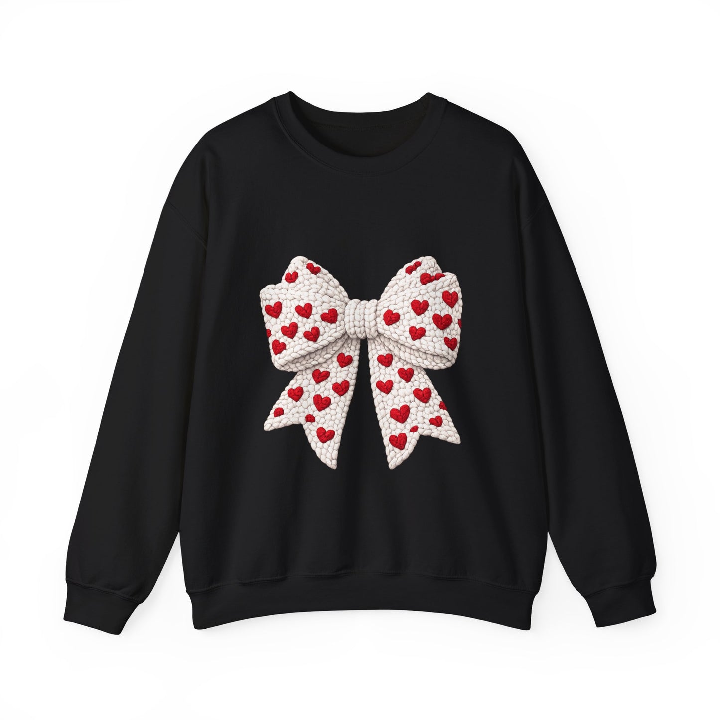 Crewneck Sweatshirt — Knit Heart Bow Graphic (Valentine’s Day, Cute Cozy Pullover)