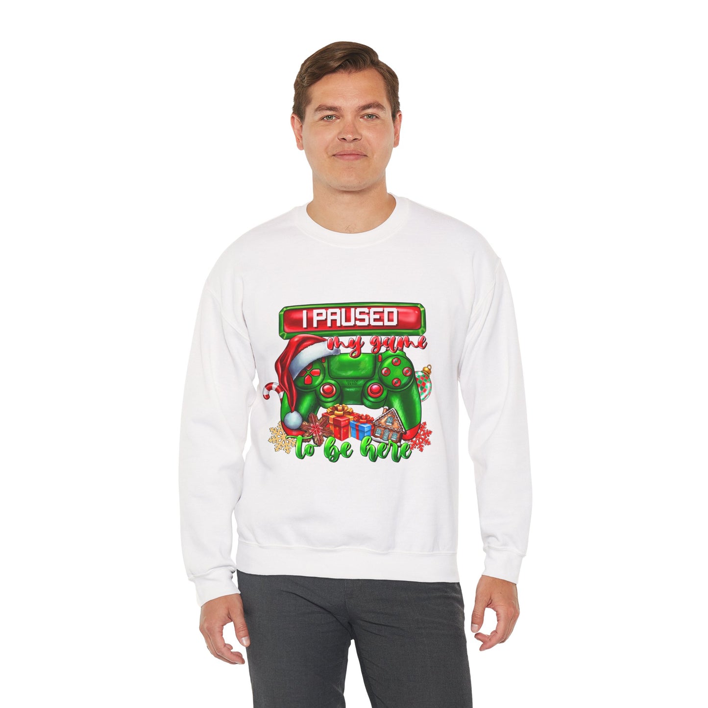 Gaming Christmas Sweatshirt — "I Paused My Game to Be Here" Controller Holiday Crewneck