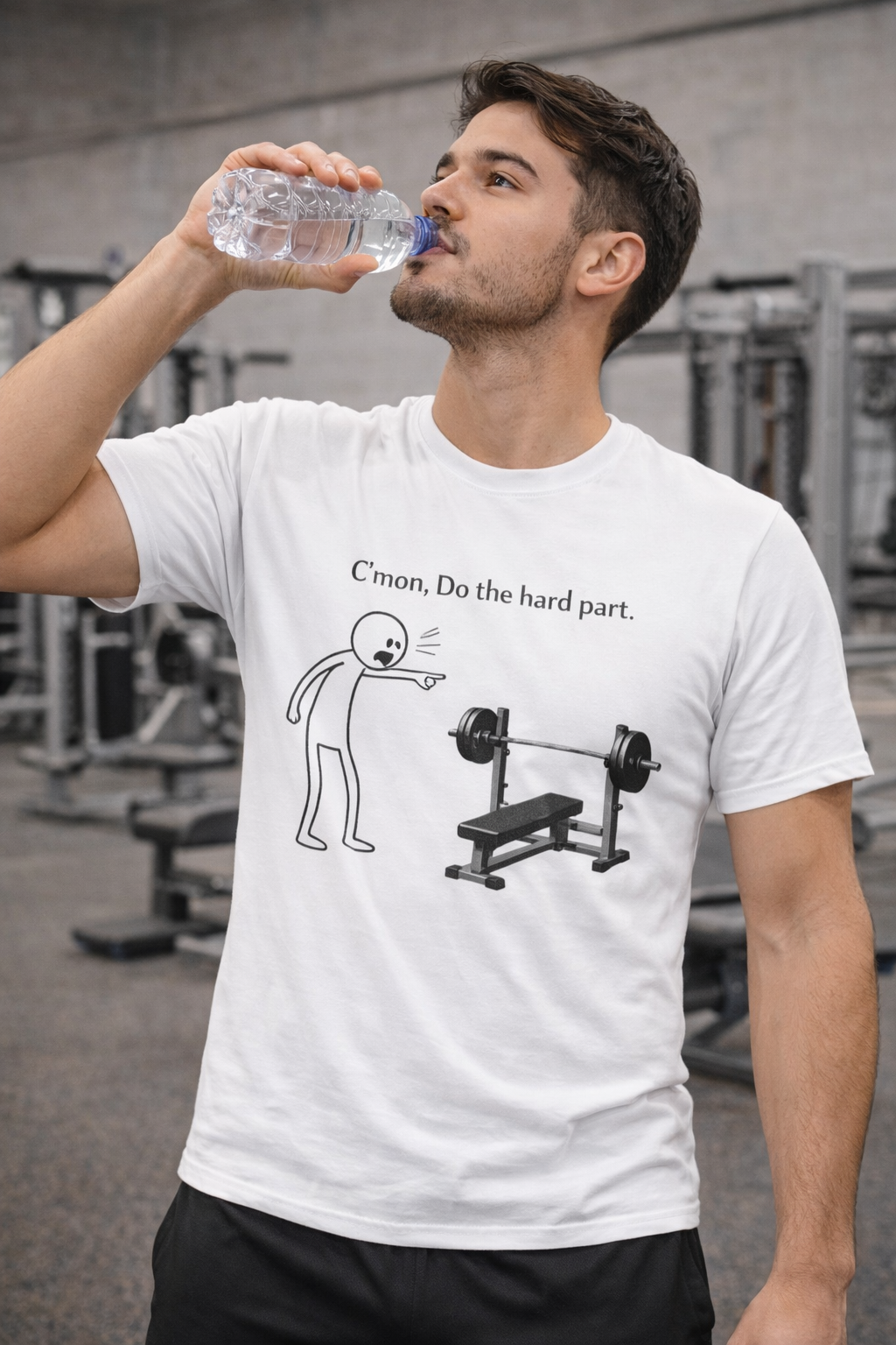 Funny Gym T-Shirt — “C’mon, Do the hard part.” Bench Press Cartoon Tee