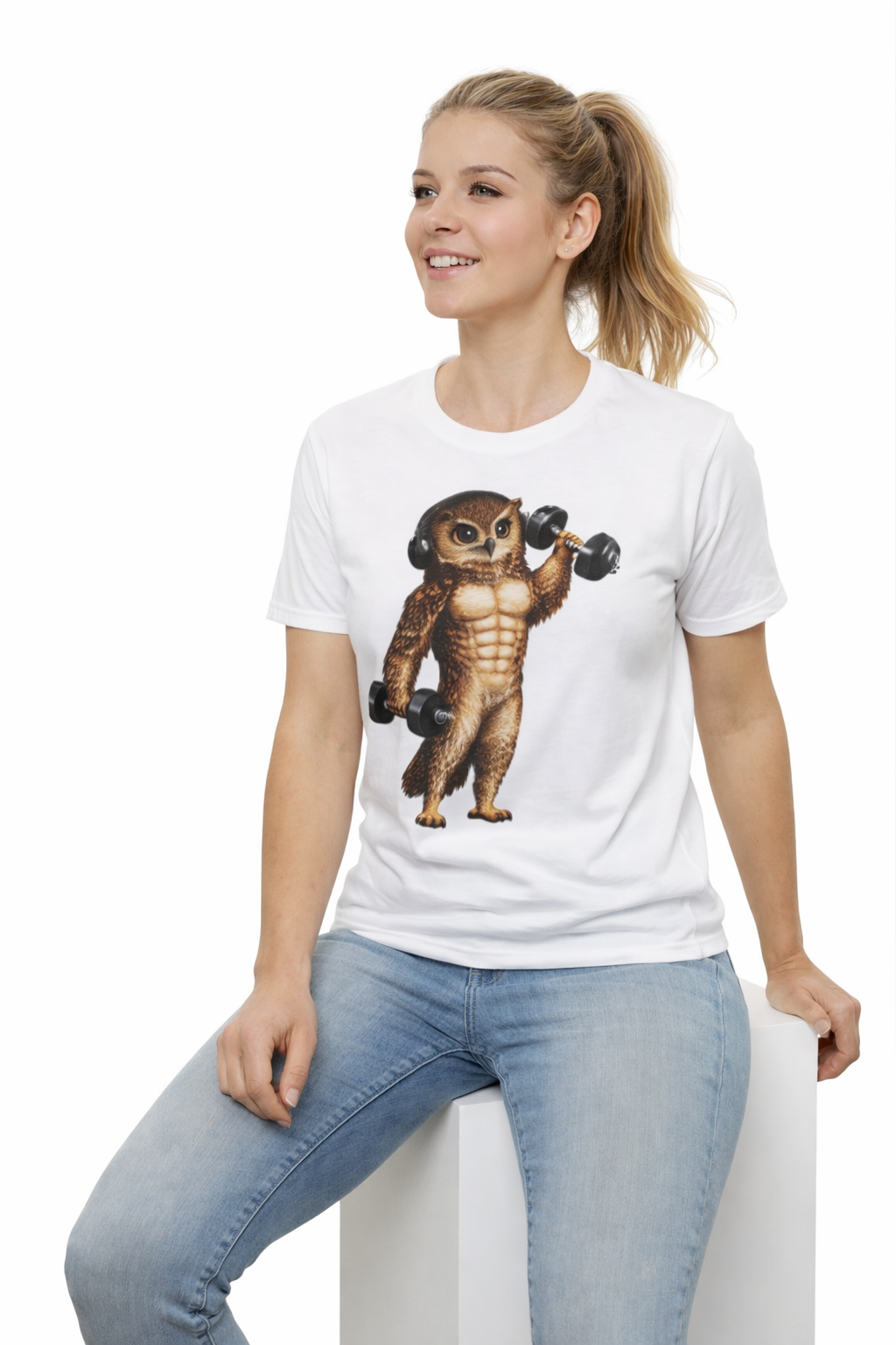 Fitness Owl T-Shirt — Muscular Owl Lifting Dumbbells Graphic Tee