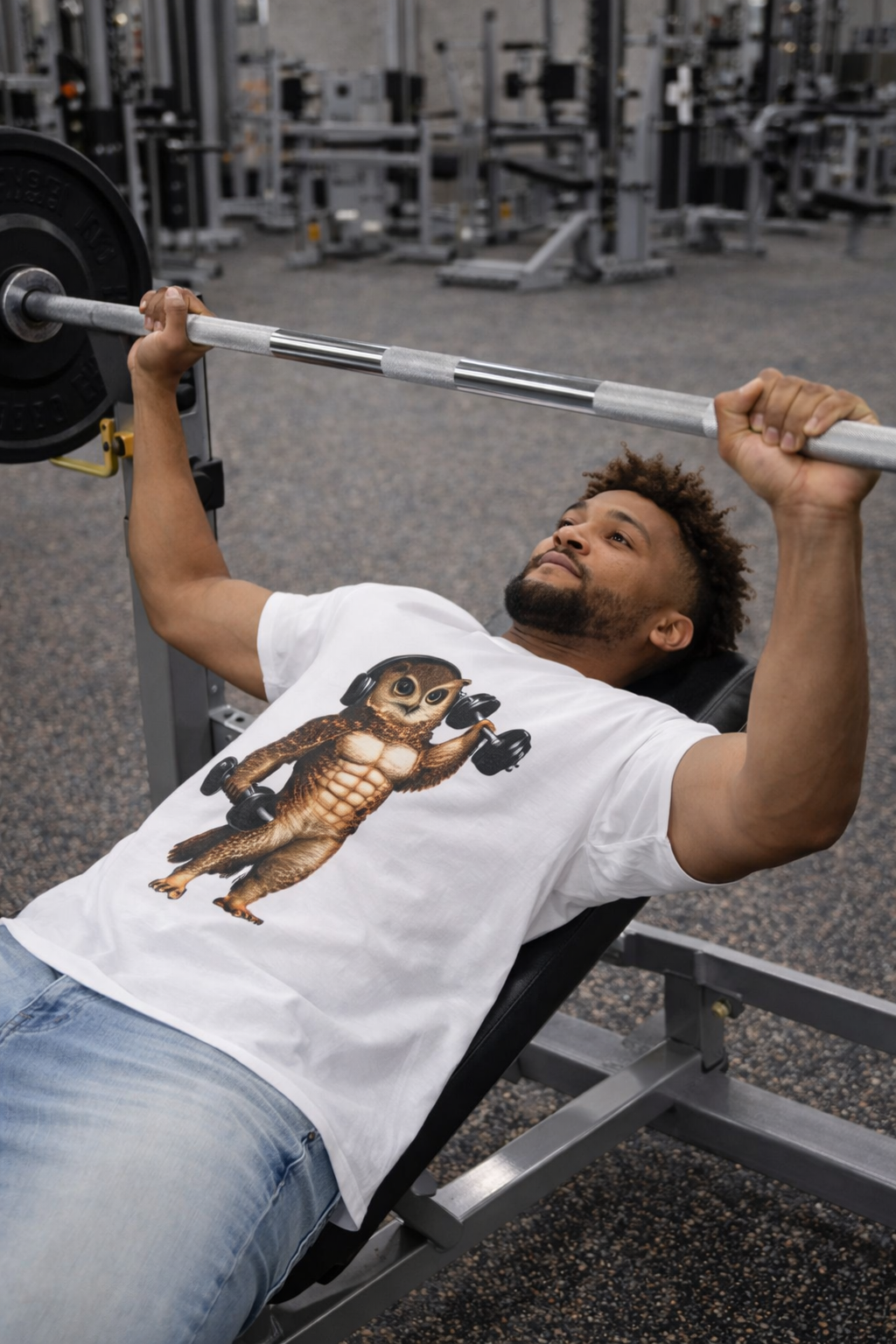 Fitness Owl T-Shirt — Muscular Owl Lifting Dumbbells Graphic Tee