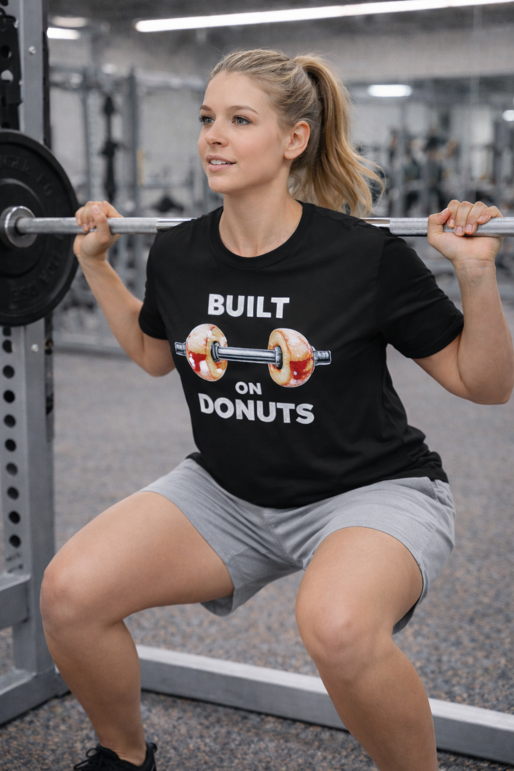 T-Shirt — "Built on Donuts" Funny Weightlifting Barbell Donut Graphic Tee