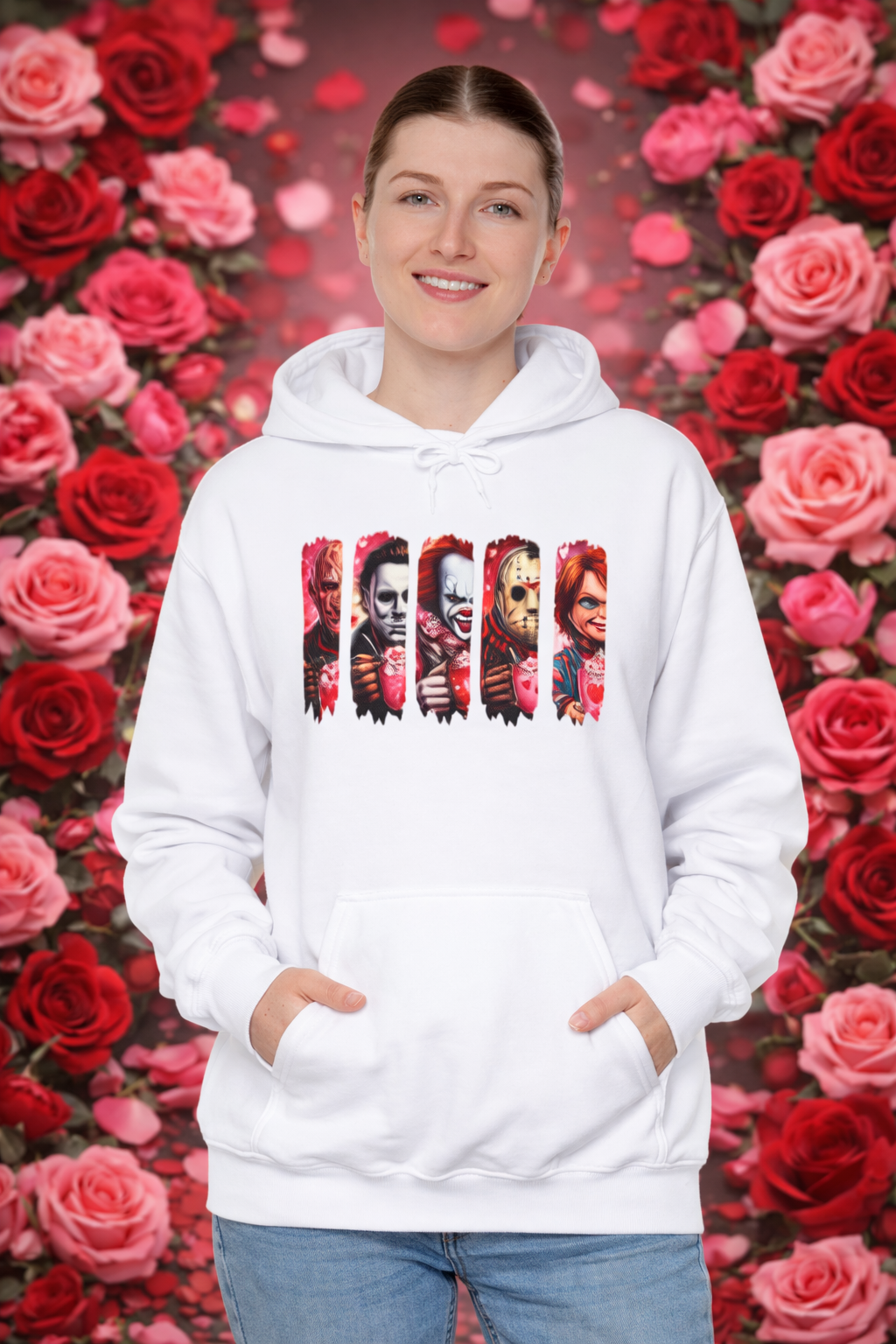 Horror Icons Hoodie — Stylized Slashed Portraits Graphic Sweatshirt