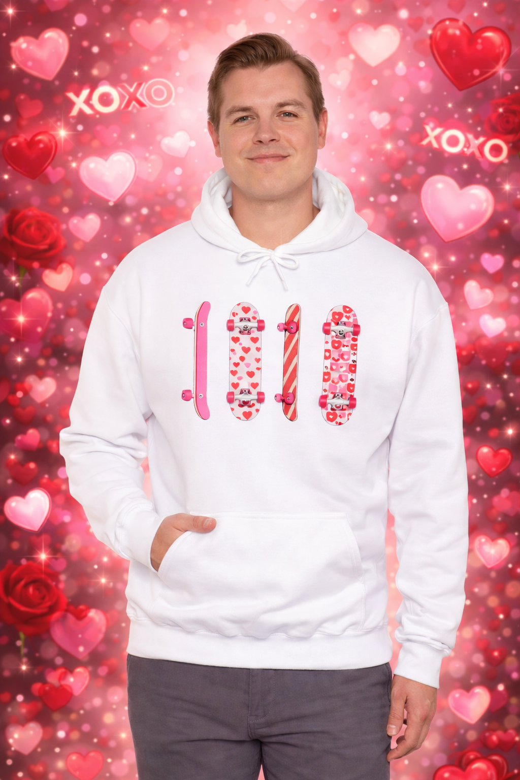Valentine Skateboard Graphic Hoodie — Pink Heart Skate Decks