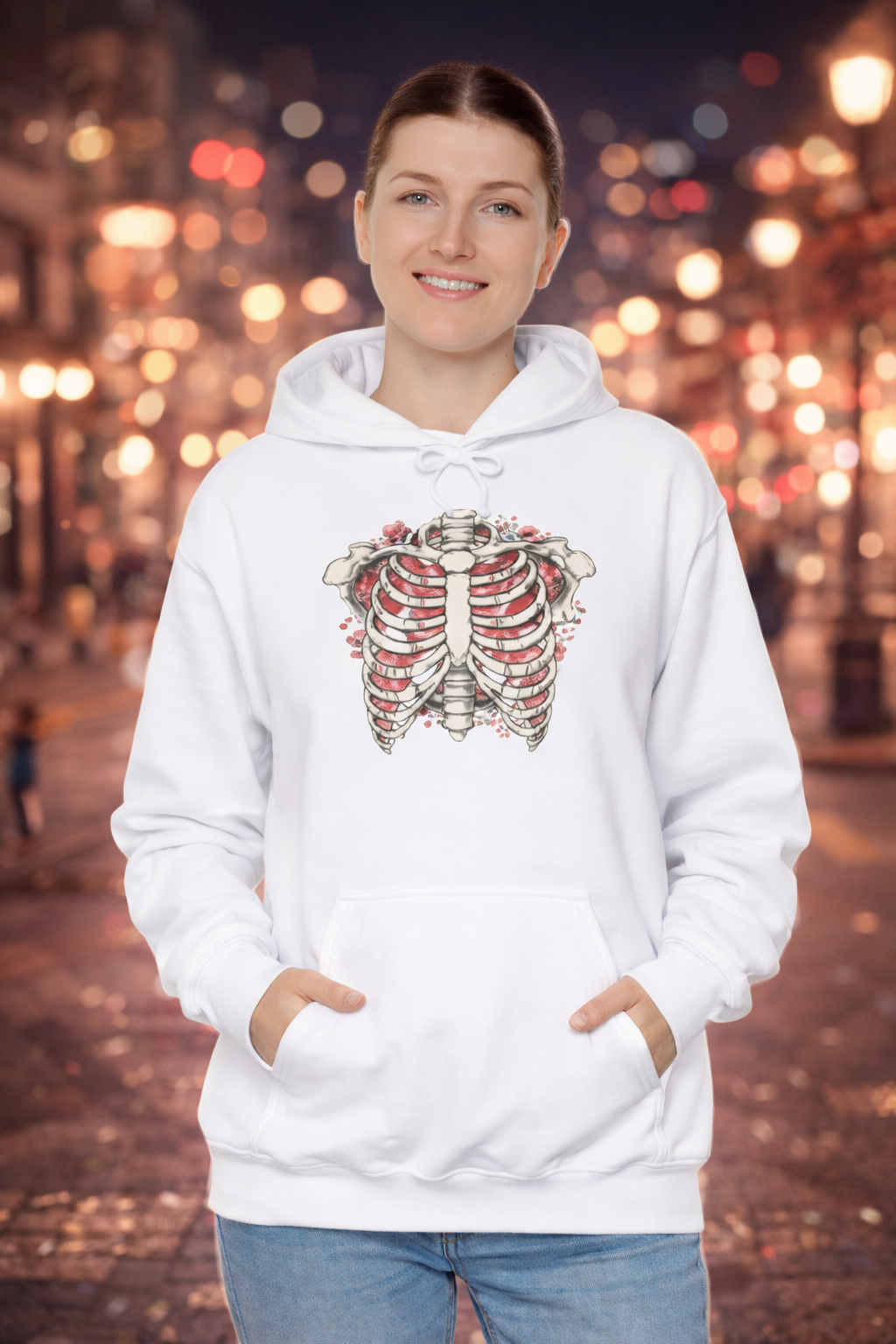 Ribcage Bloom Hoodie — Floral Skeleton Chest Graphic Sweatshirt