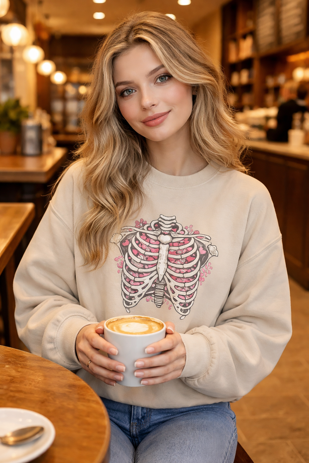 Ribcage Blossom Sweatshirt — Floral Skeleton Chest Graphic