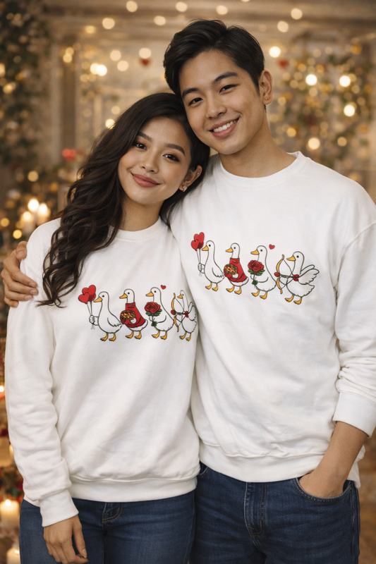 Geese Parade Crewneck Sweatshirt – Cute Valentine Ducks Holding Hearts Graphic