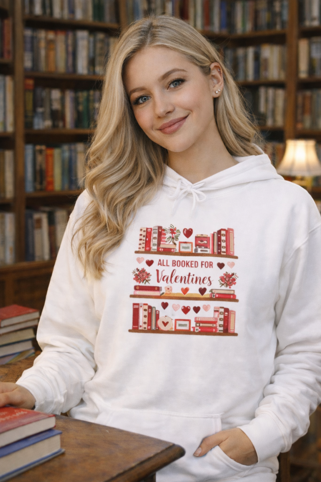 Valentine’s Day Cozy Hoodie – “All Booked for Valentine’s” Cute Bookshop Graphic