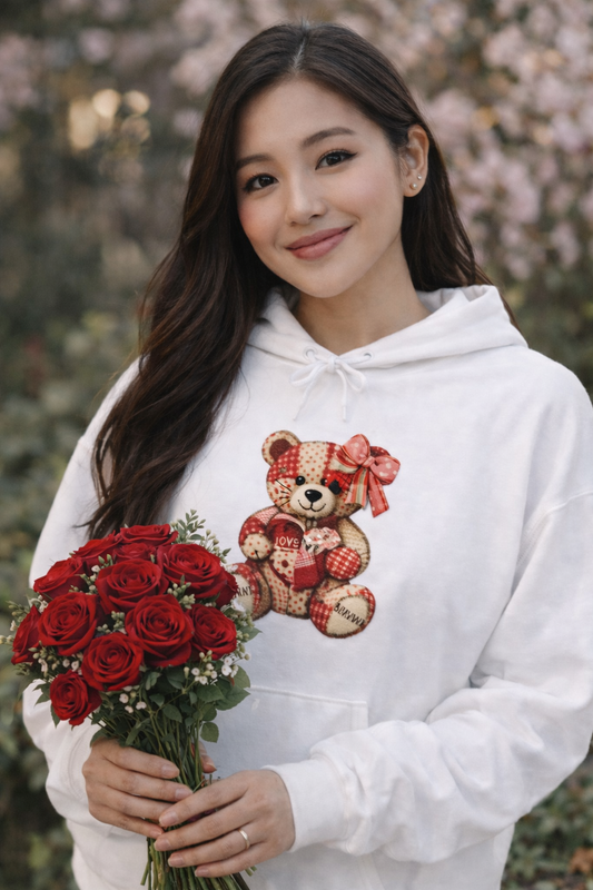 Teddy Bear Hoodie — Vintage Patchwork Bear Design with Bow