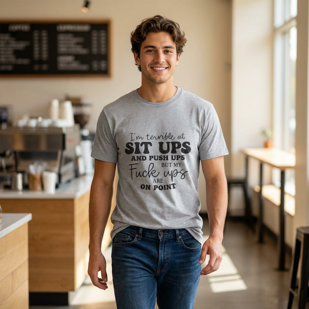 Funny Graphic T-Shirt — “I’m Terrible at Sit Ups and Push Ups But My Fuck Ups Are On Point”