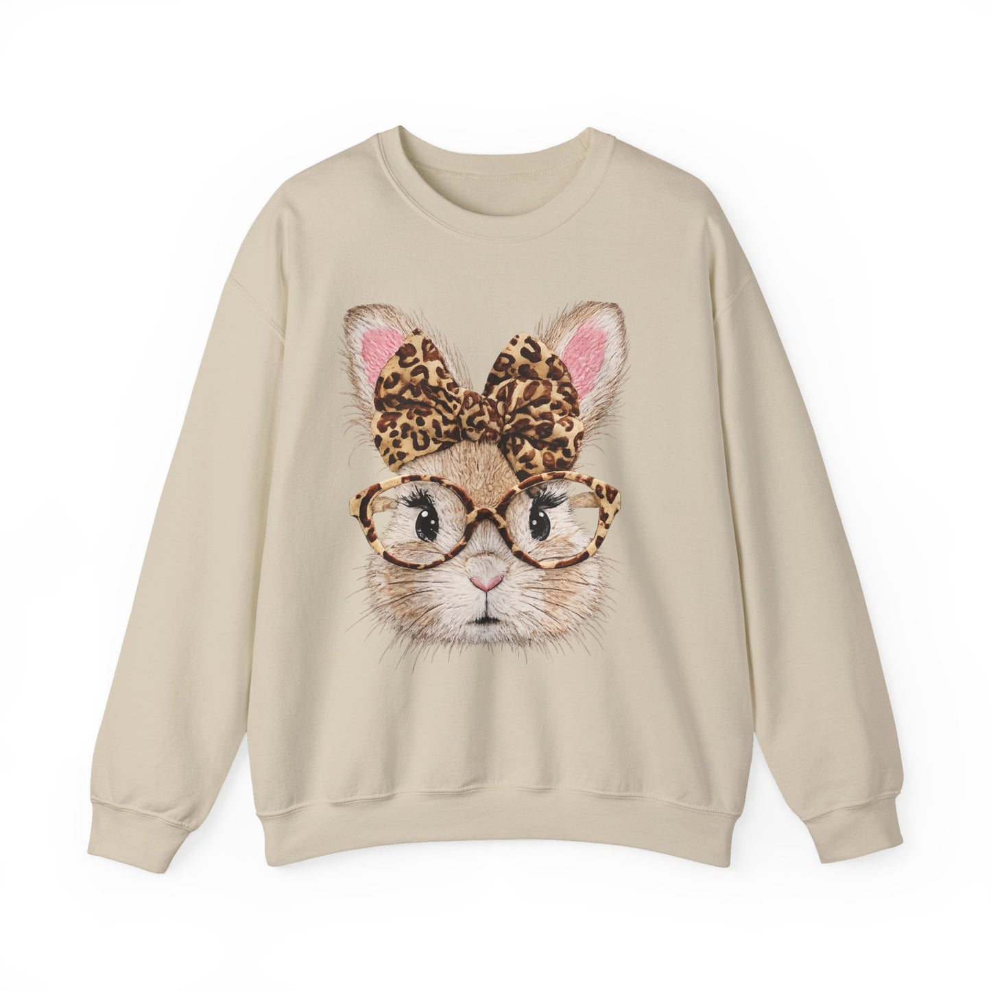 Bunny with Leopard Bow Sweatshirt – Cute Bunny Face with Glasses Graphic Crewneck
