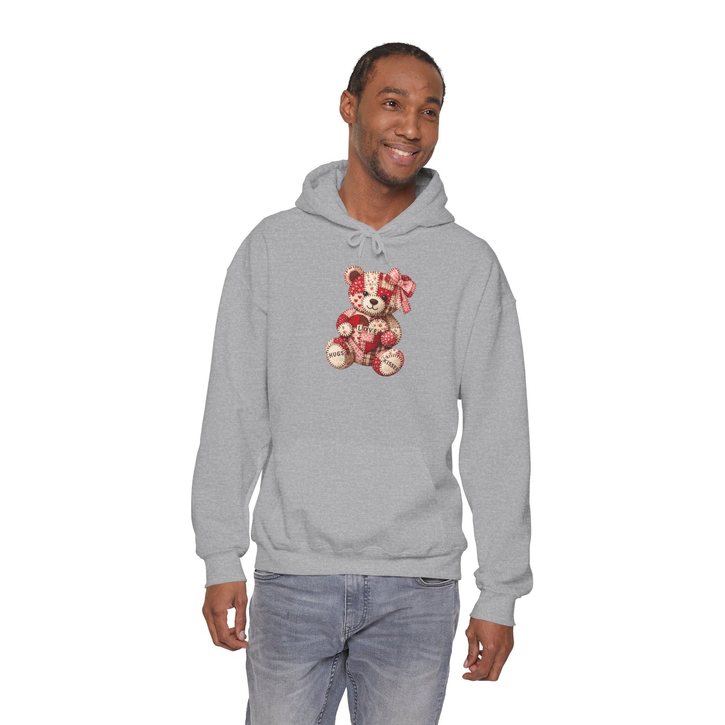 Teddy Bear Hoodie — Vintage Patchwork Bear Design with Bow