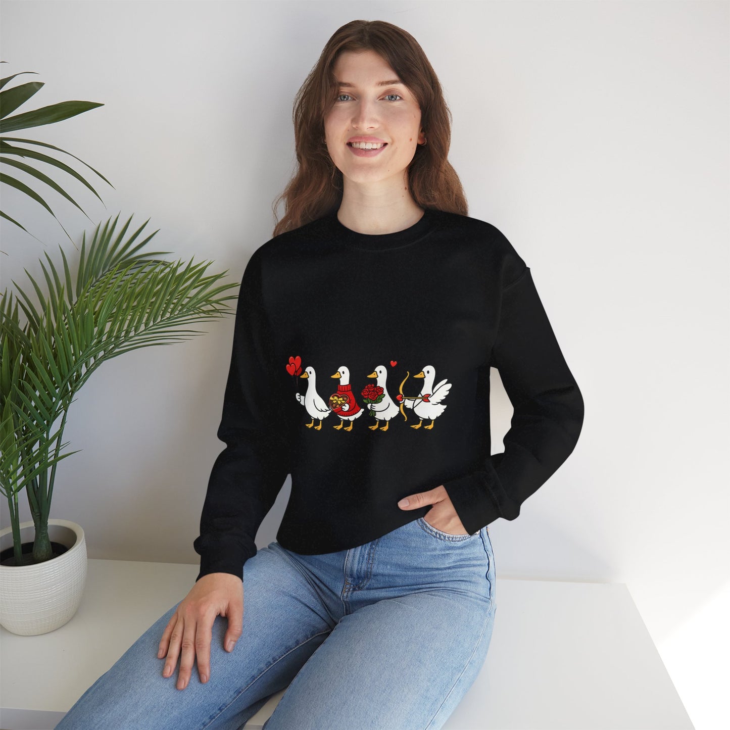 Geese Parade Crewneck Sweatshirt – Cute Valentine Ducks Holding Hearts Graphic