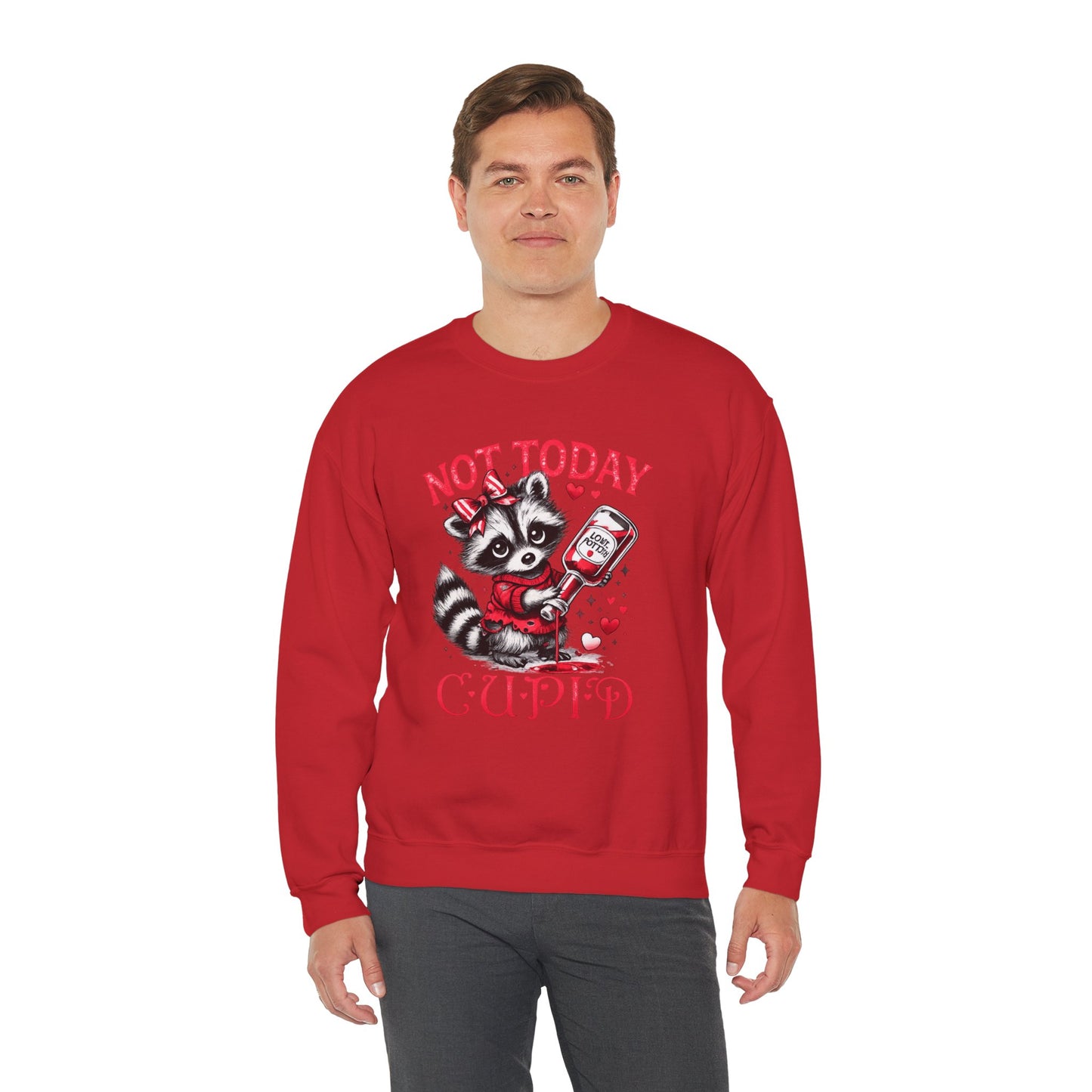 Not Today Cupid Sweatshirt — Cute Raccoon Anti-Valentine Crewneck