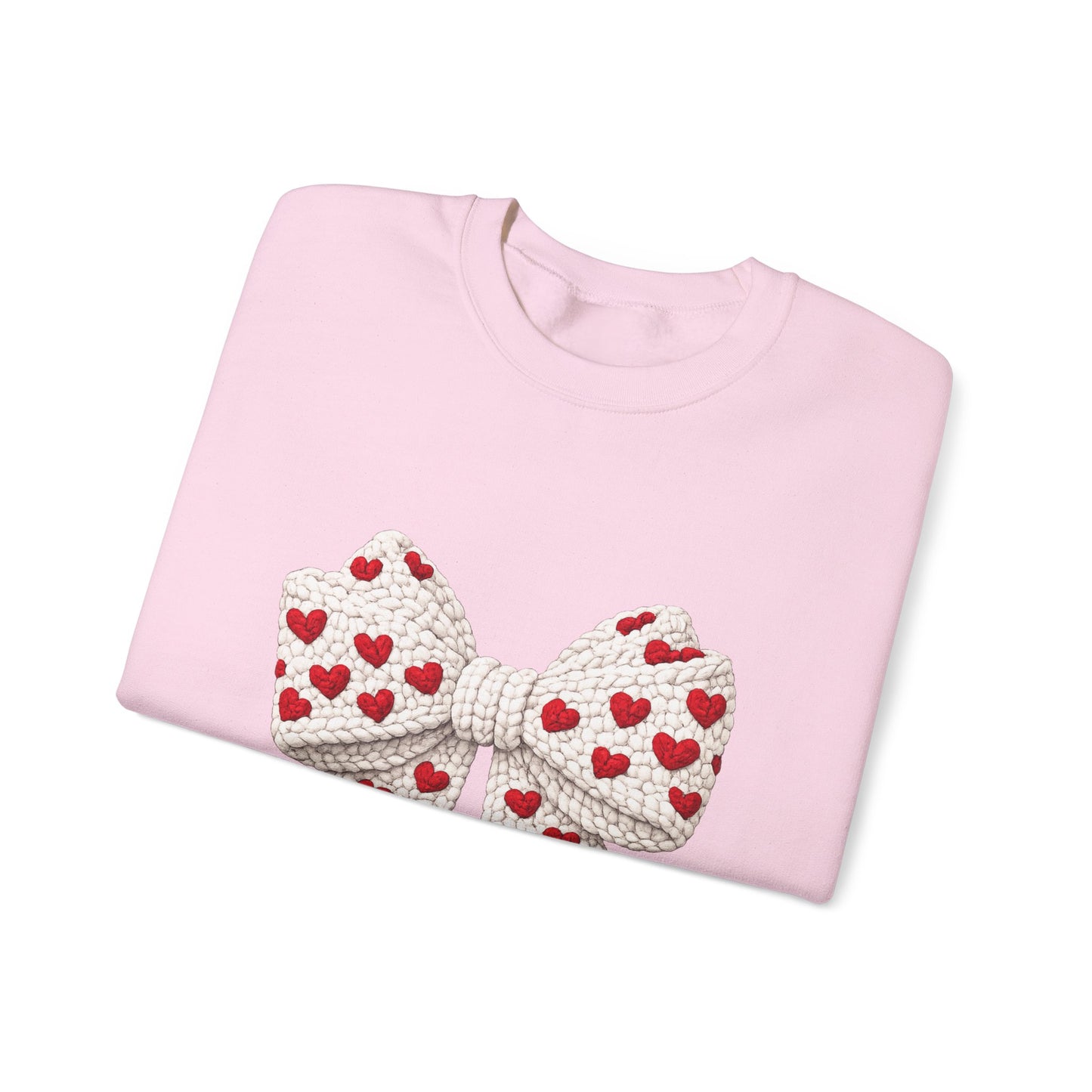 Crewneck Sweatshirt — Knit Heart Bow Graphic (Valentine’s Day, Cute Cozy Pullover)