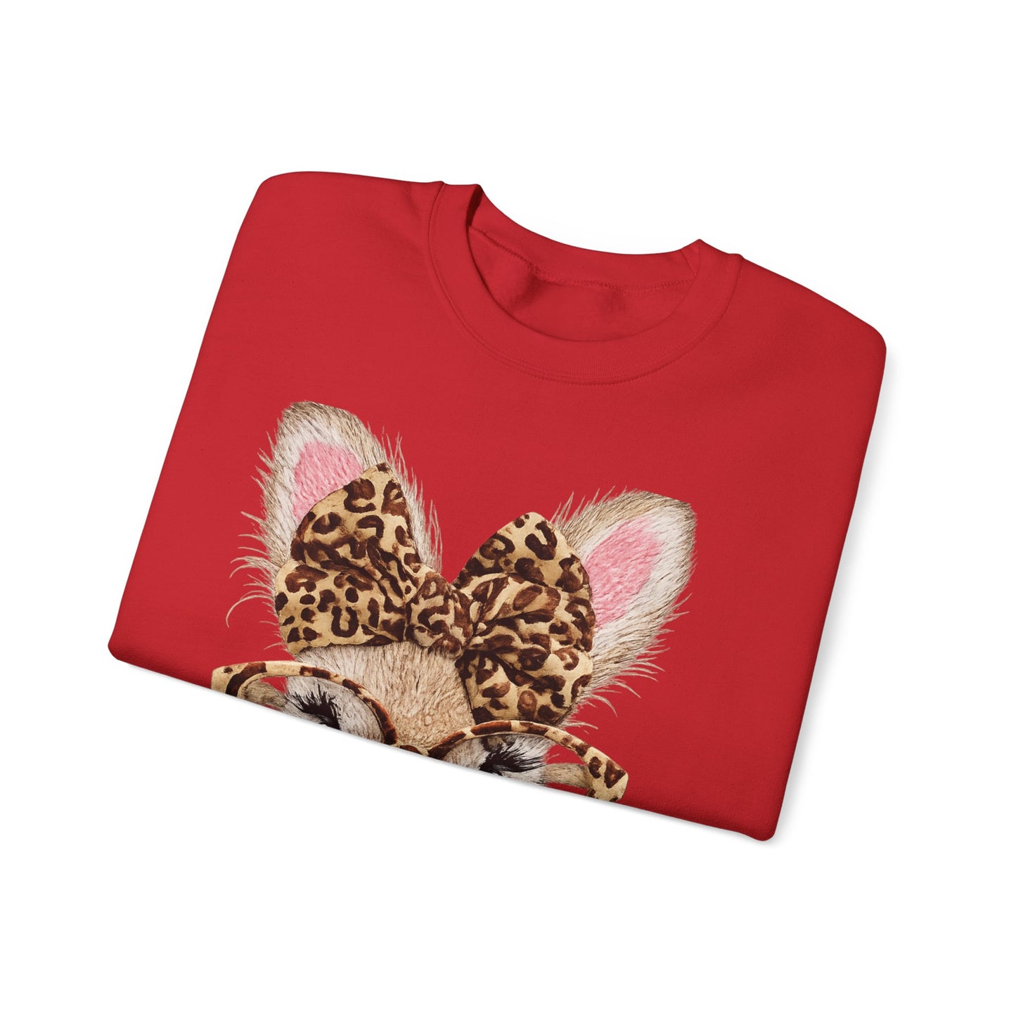 Bunny with Leopard Bow Sweatshirt – Cute Bunny Face with Glasses Graphic Crewneck