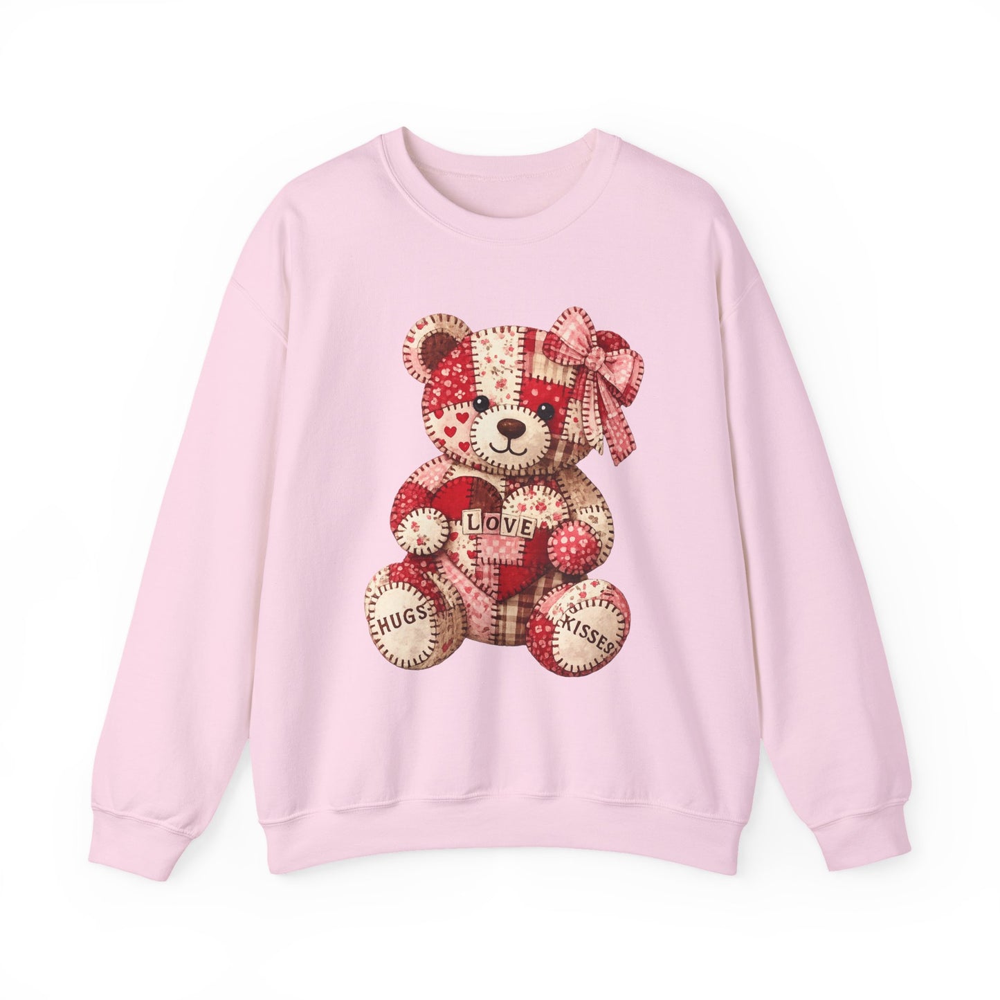 Valentine Patchwork Teddy Sweatshirt — 'Love' Hugs & Kisses Crewneck