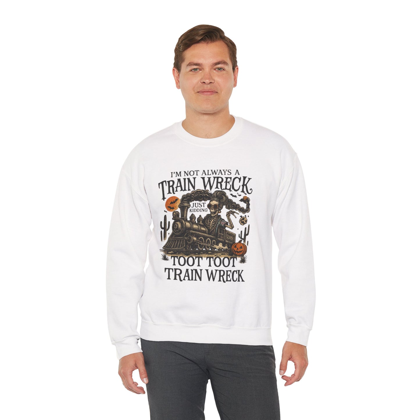 Funny Train Wreck Sweatshirt, Unisex Crewneck Sweatshirt, Halloween Apparel, Gift for Train Lovers, Cozy Fall Outfit
