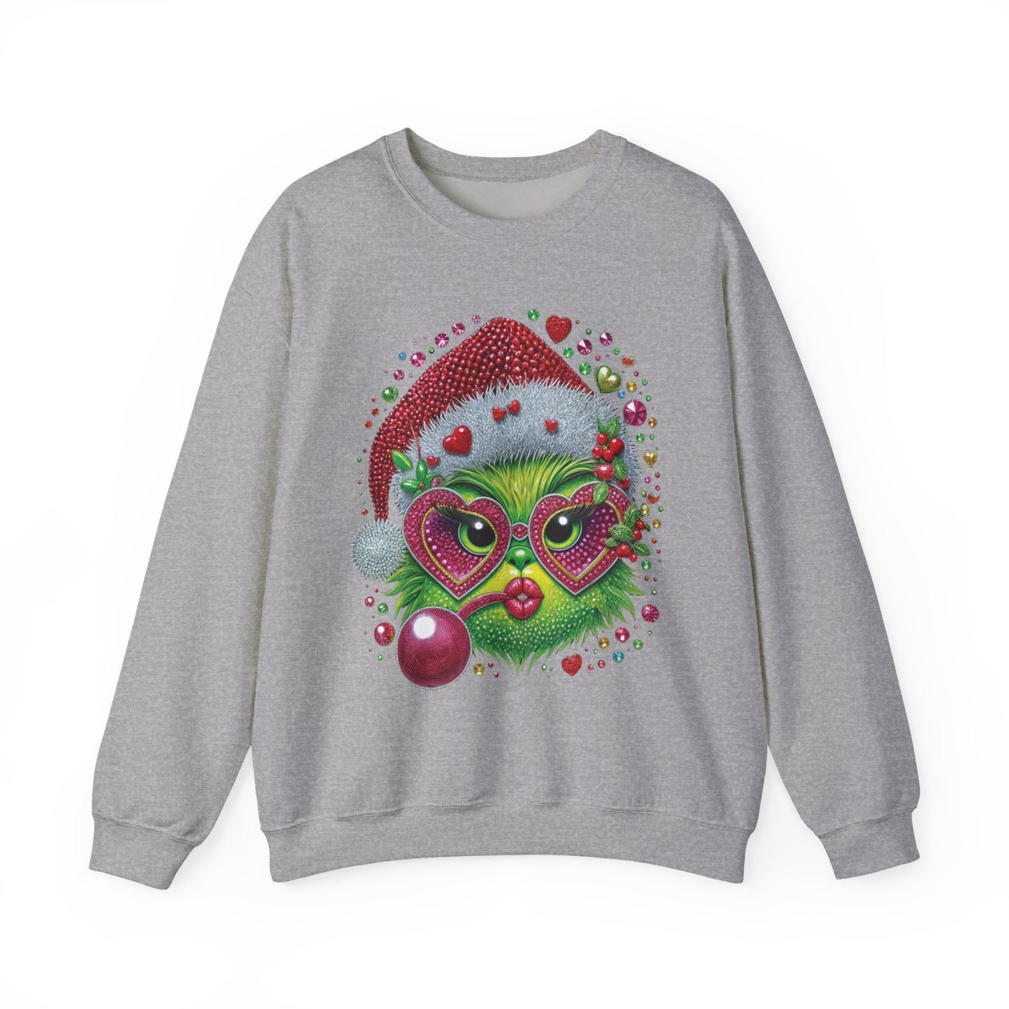 Christmas Grinch Cat Sweatshirt — Festive Santa Hat & Heart Sunglasses Holiday Crewneck