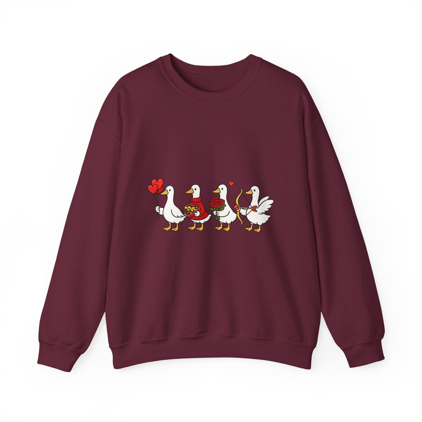 Geese Parade Crewneck Sweatshirt – Cute Valentine Ducks Holding Hearts Graphic