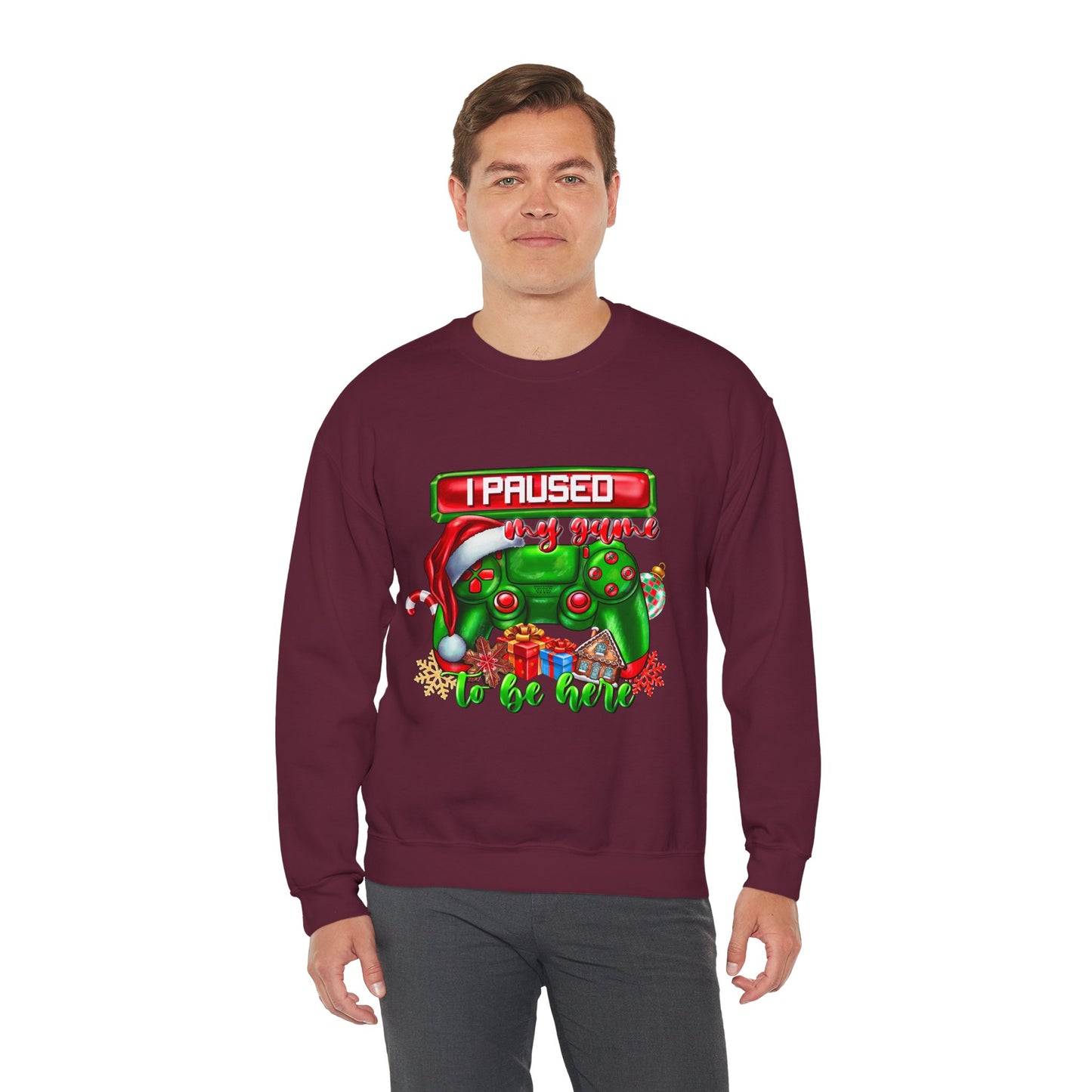 Gaming Christmas Sweatshirt — "I Paused My Game to Be Here" Controller Holiday Crewneck